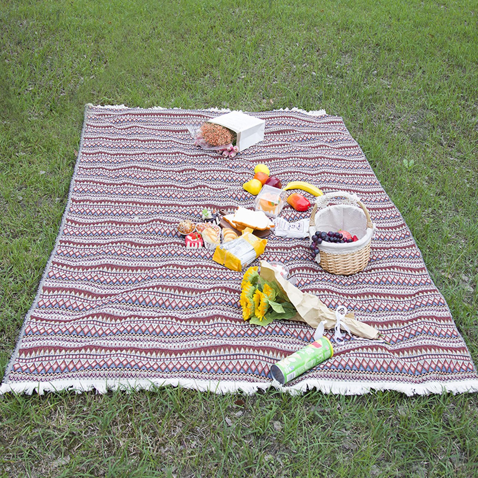 Czeski retro tkany koc piknikowy, przenośna mata kempingowa na zewnątrz, gruba, odporna na wilgoć osłona podłoża do raczkowania i pikniku, na plażę, do parku, na kemping i w podróż (150x200cm)