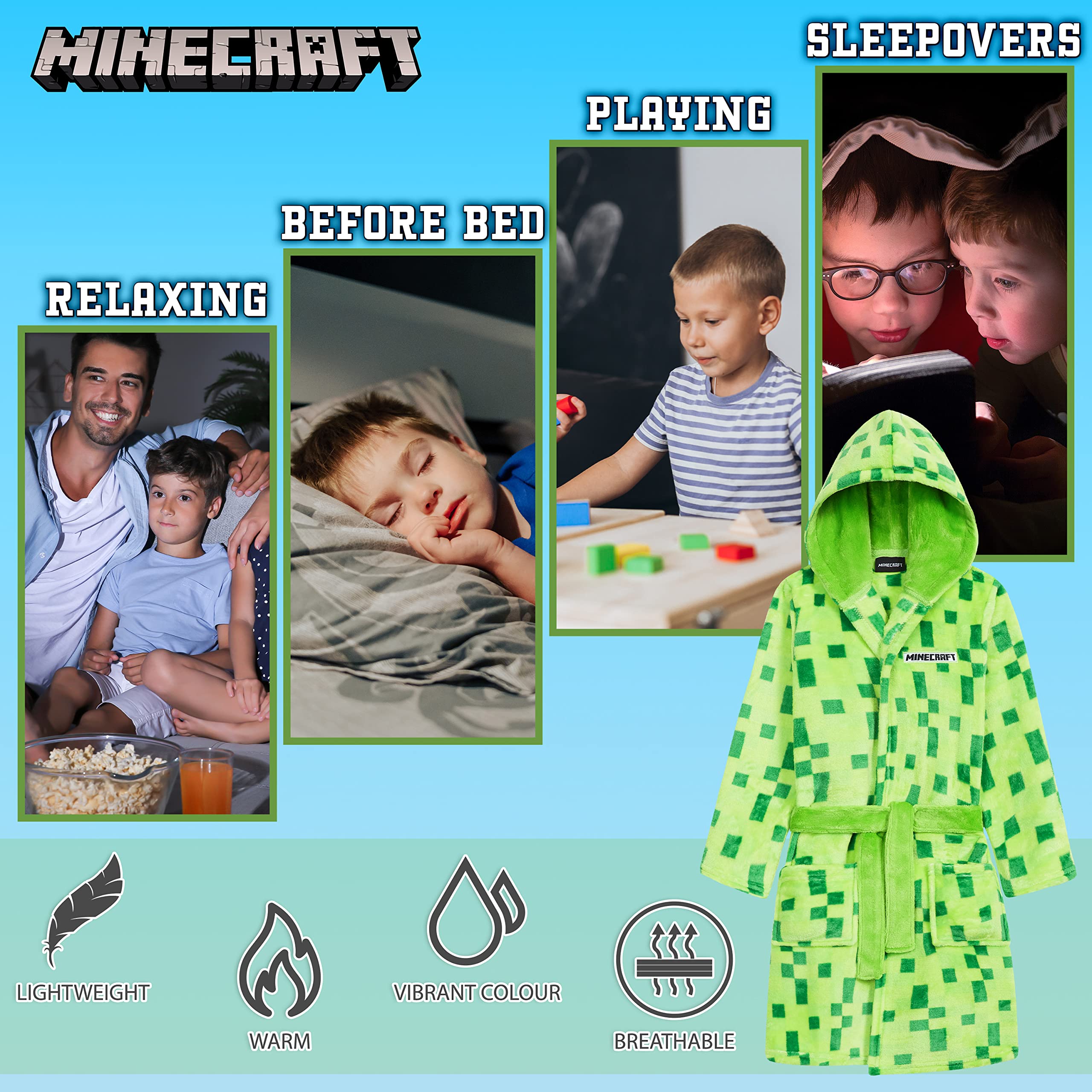Minecraft Szlafrok dla chłopców, polarowy szlafrok z pikselami dla graczy, 5-14 lat, oficjalny towar, prezenty dla dzieci i nastolatków na urodziny i Boże Narodzenie