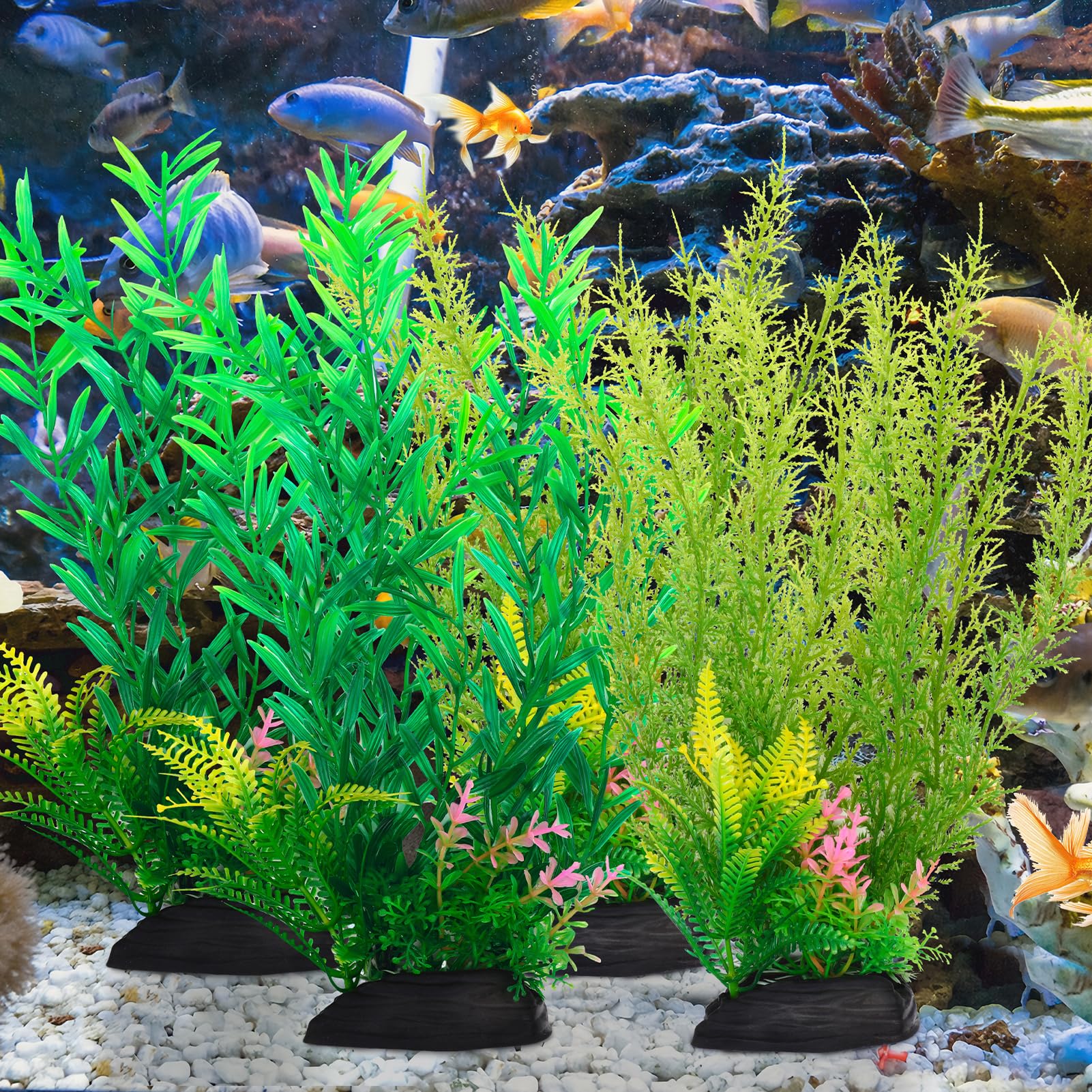 GSrenyu 4Pcs Fish Tank Plants, Fish Tank Accessories Large Plants, 11Inch Tall Aquarium Decoration Green Plant, Artificial Plastic Plant for Tank Decor, Style 1