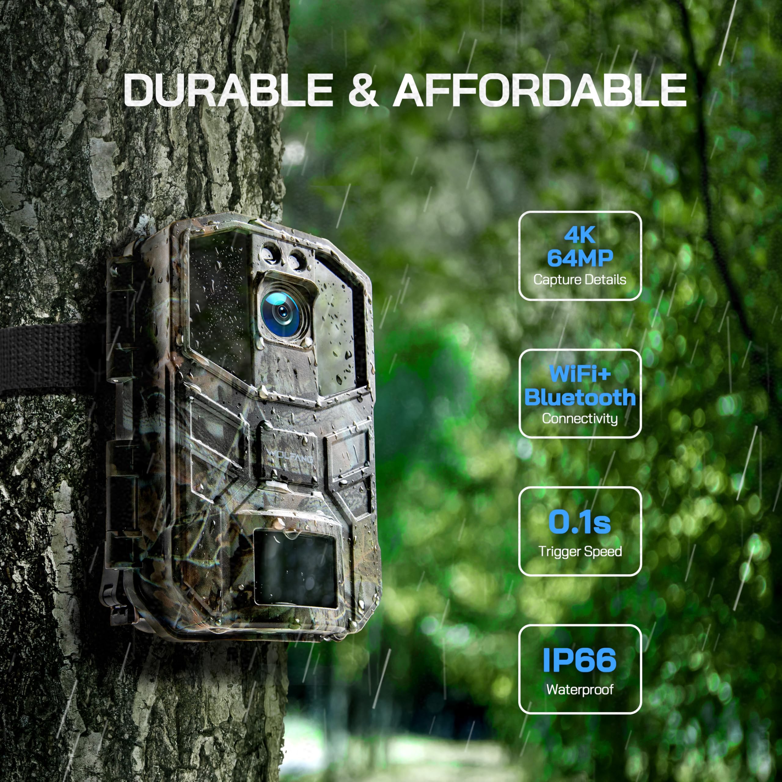 WOLFANG Kamera przyrodnicza 64 MP 4K HD, kamera szlakowa WiFi Bluetooth, kamera myśliwska z noktowizorem aktywowanym ruchem, wodoodporność IP66, czas wyzwalania 0,1 s do nagrywania dzikiej przyrody