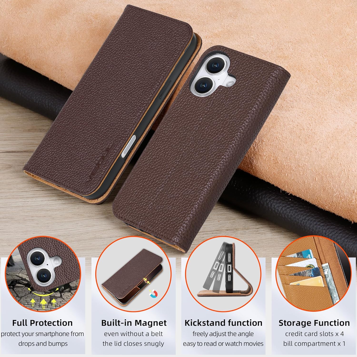 VISOUL Case for iPhone 16 Plus Wallet Case, Pebbled Genuine Leather Case Wallet Card Holders Kickstand Shockproof Flip Cover Compatible with iPhone 16 Plus (6.7”)- Coffee+Brown