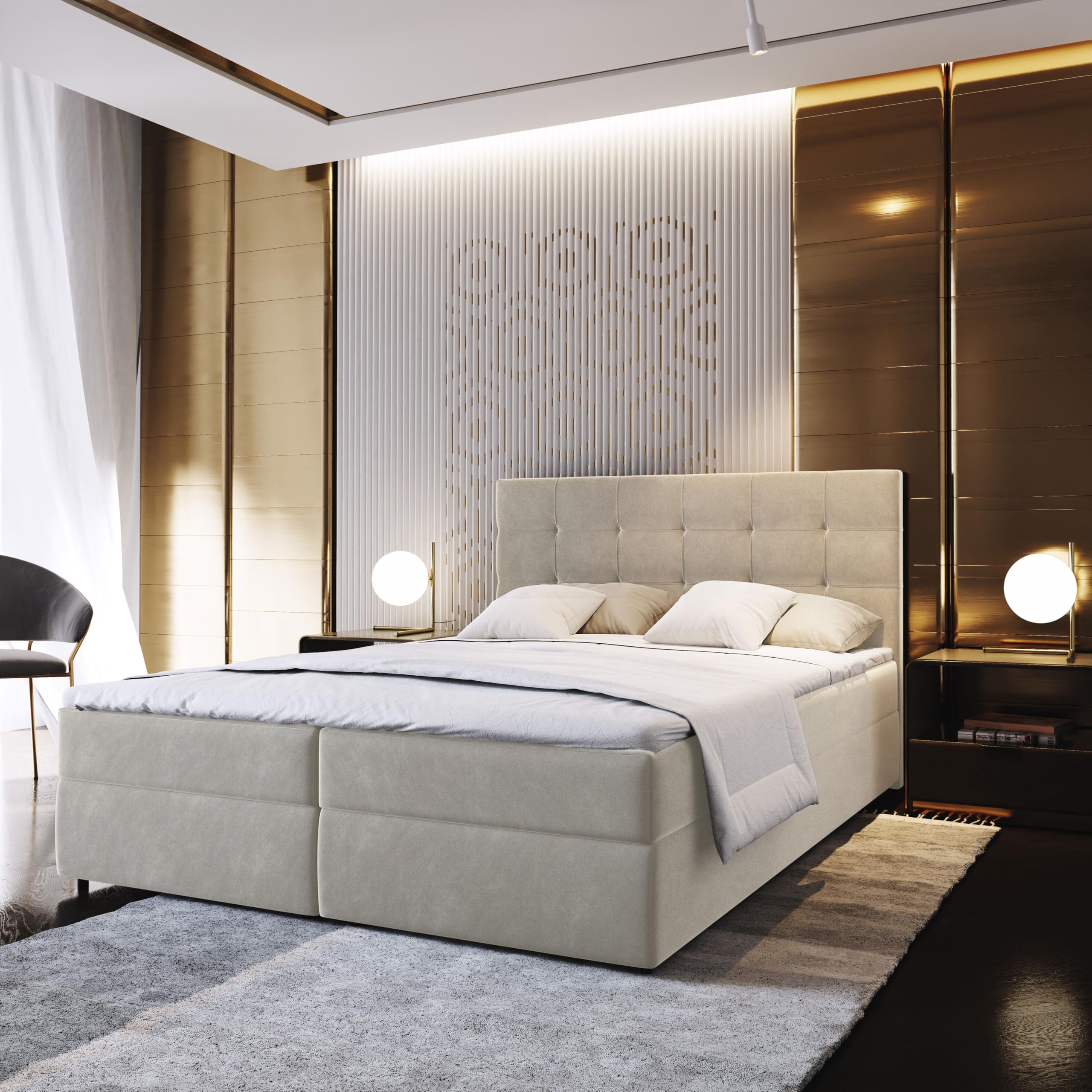 Masseno Boxspringbett GLOS 160x200 cm Komplett-Set mit Matratze und Topper, Polsterbett mit Zwei Bettkästen -Beige, Cosmic 10