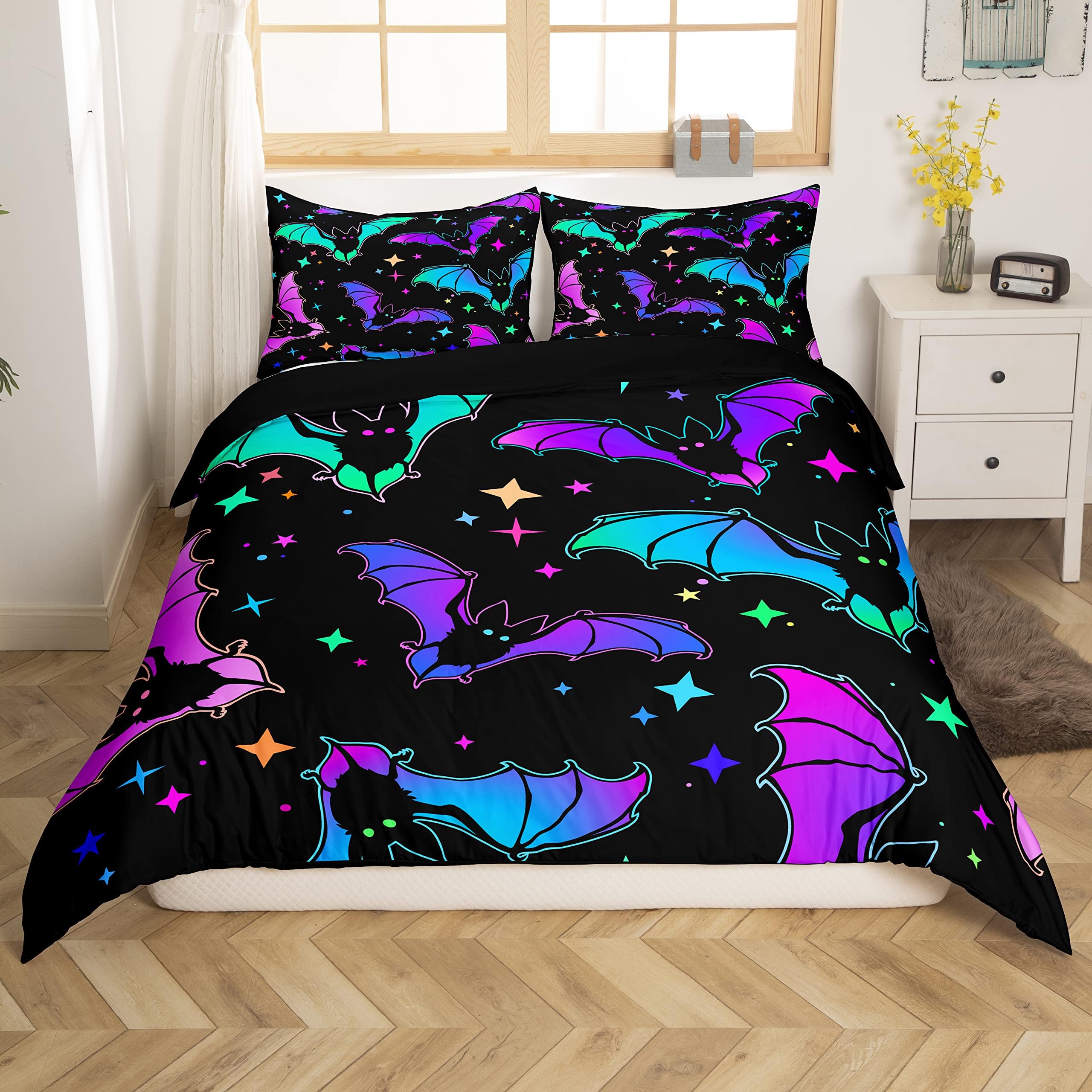 Halloween Bat Bedding Set King Size Glitter Stars Galaxy Comforter Cover for Kids Child,Christmas Duvet Cover Halloween Home Decor Teal Blue Green Purple — image 1