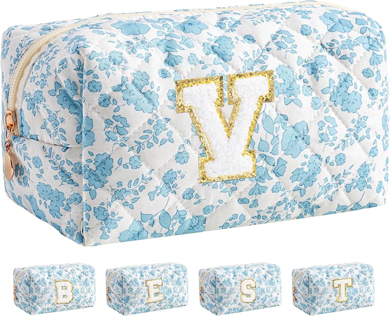 Necessaire de maquiagem HBselect em algodão matelassado com estampa floral Blue Flower e zíper