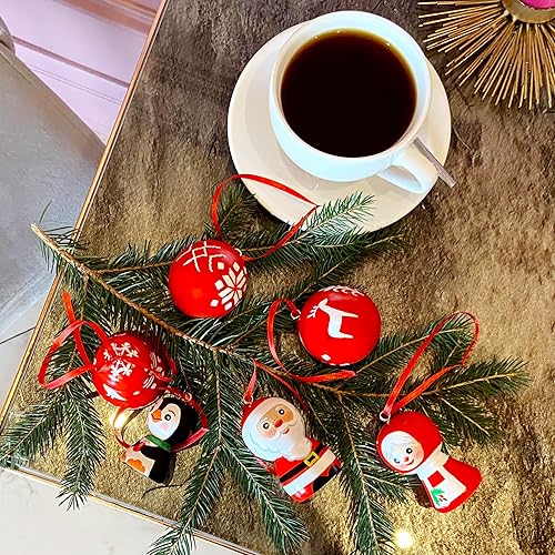 Miniatura 6 de Decoraciones de Navidad rojas para árbol, 6 unidades, campanas de Navidad, muñecos de clavija de madera, bolas de Navidad rojas con adorno