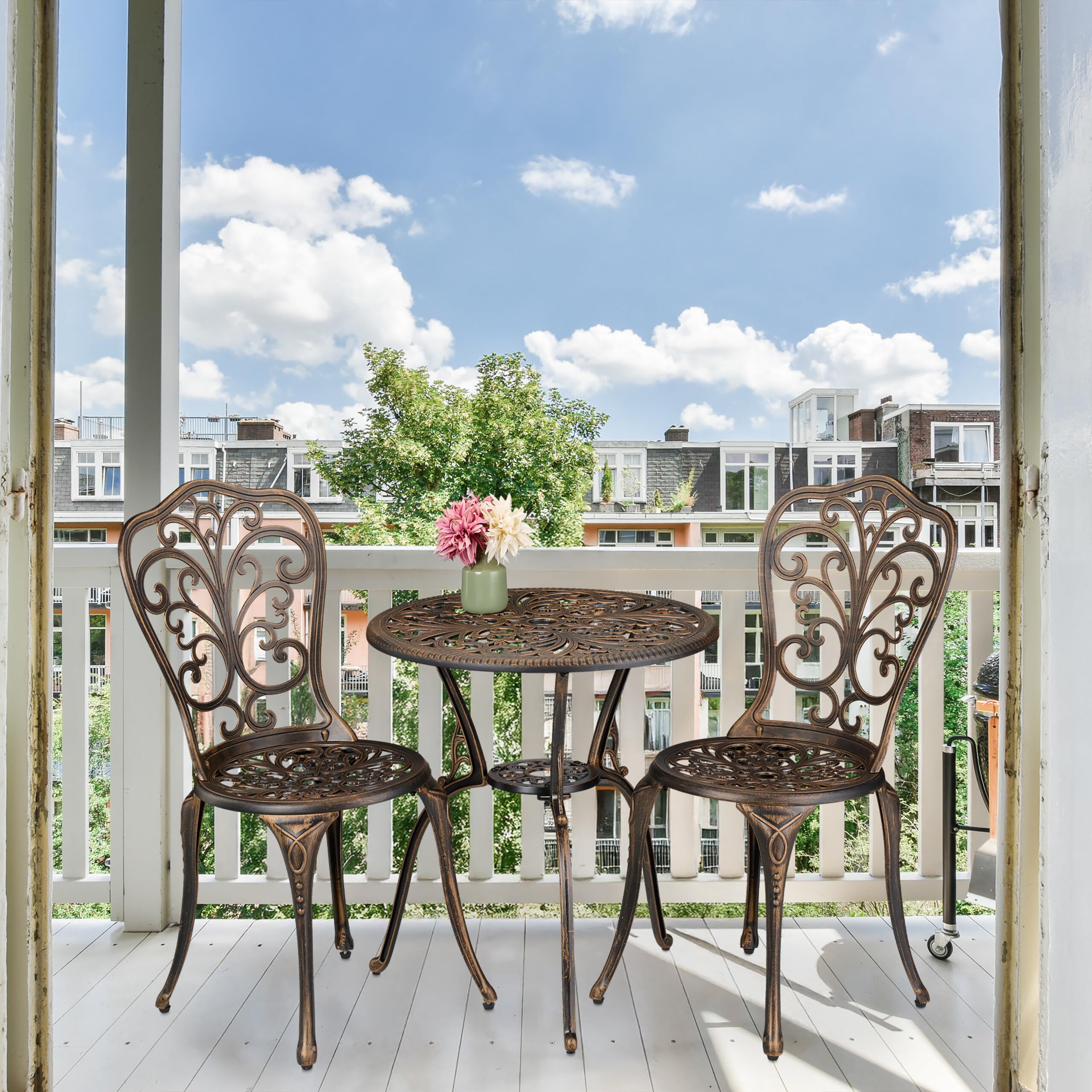 Relaxdays Salon de Jardin pour 2 Personnes, Table avec 2 chaises, Fonte d'aluminium, Design Rustique, Blanc et Bronze