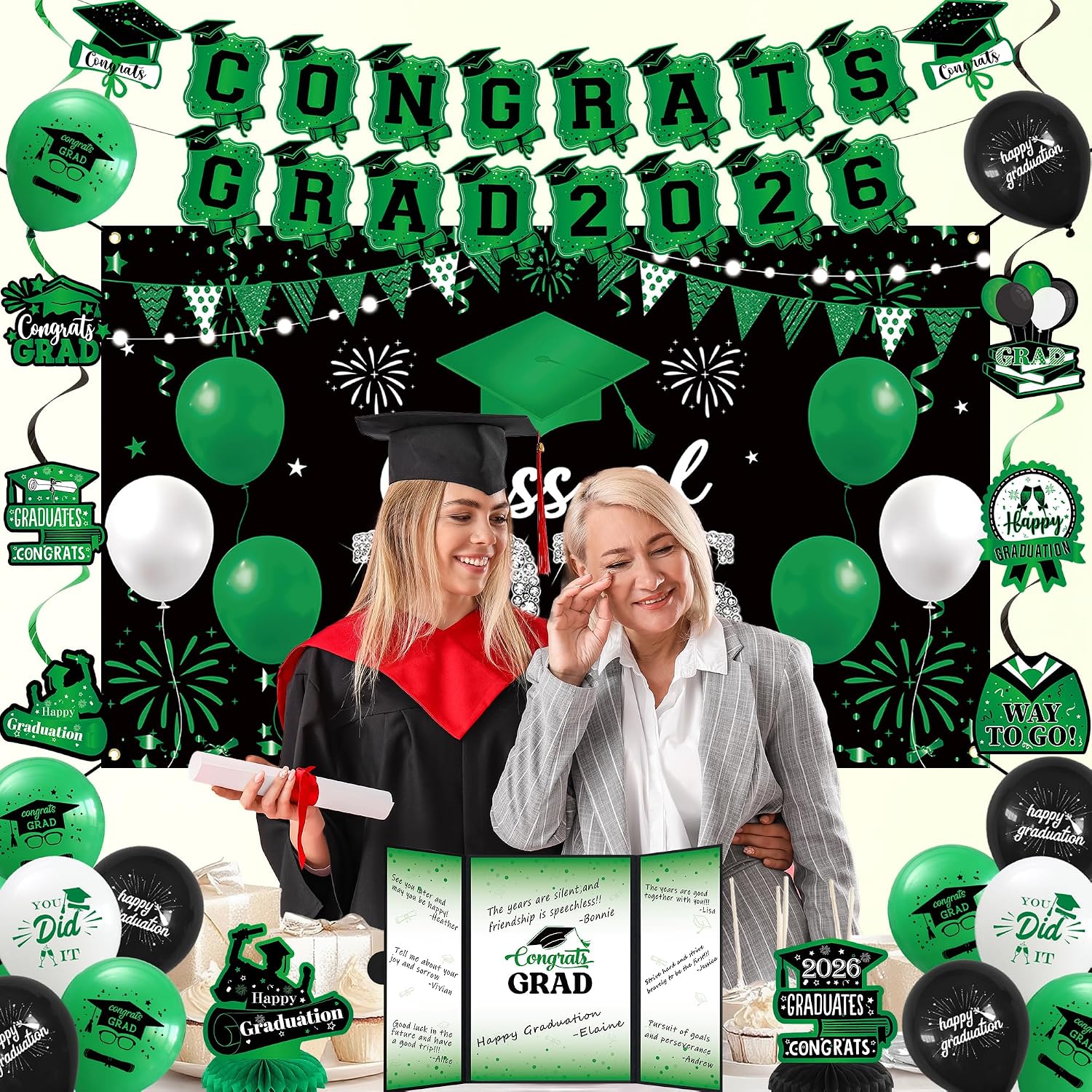 Vlipoeasn Green 2026 Graduation Party Decorations 2026 College/High School Graduation Decorations Party Supplies, Black and Green Class of 2026 Congrats Grad Backdrop Banner Signature Book