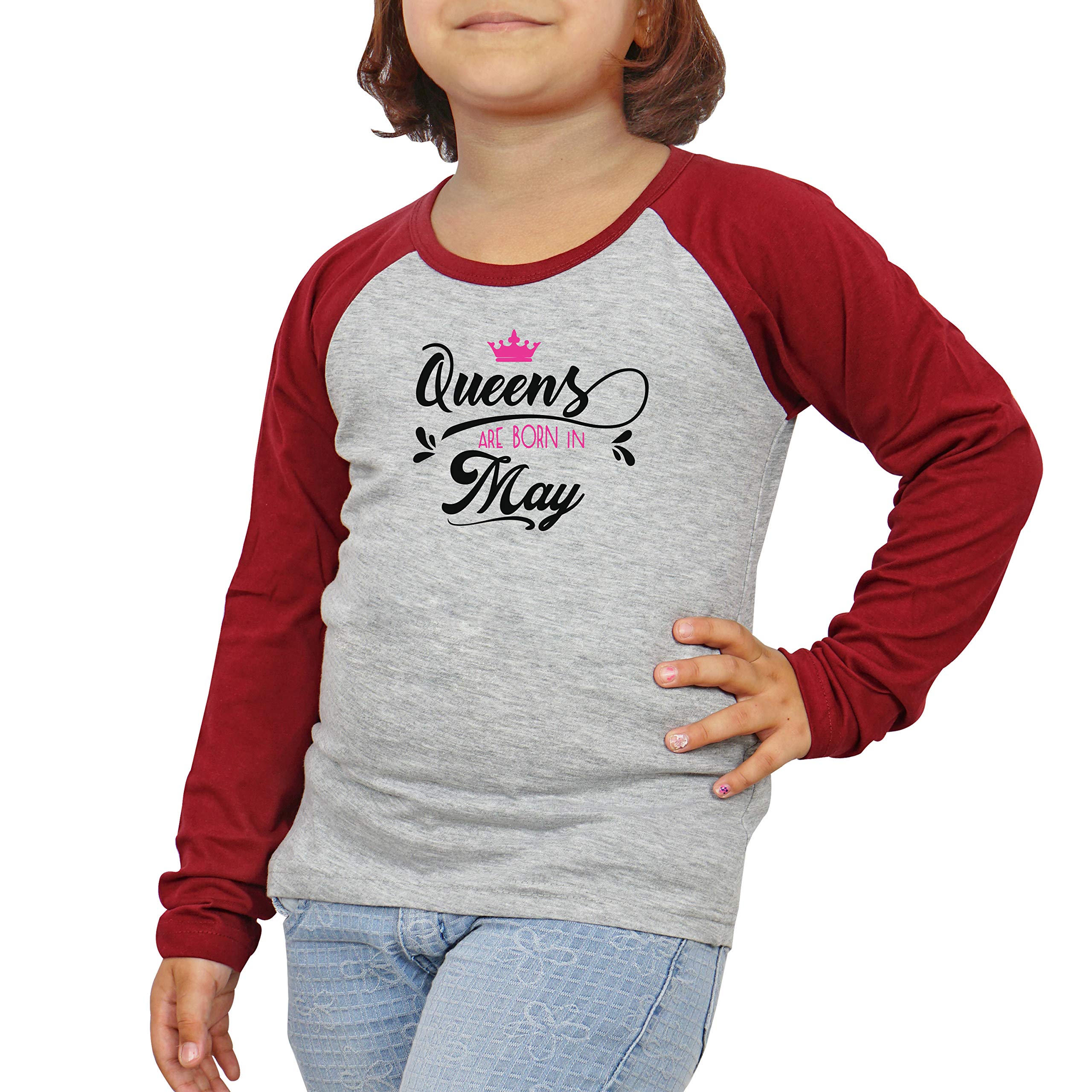 FADE COLLECTION - Queens are Born in May Full Sleeves Cotton Birthday Gift Girls T-Shirt (7-8 Years, Grey - Maroon)
