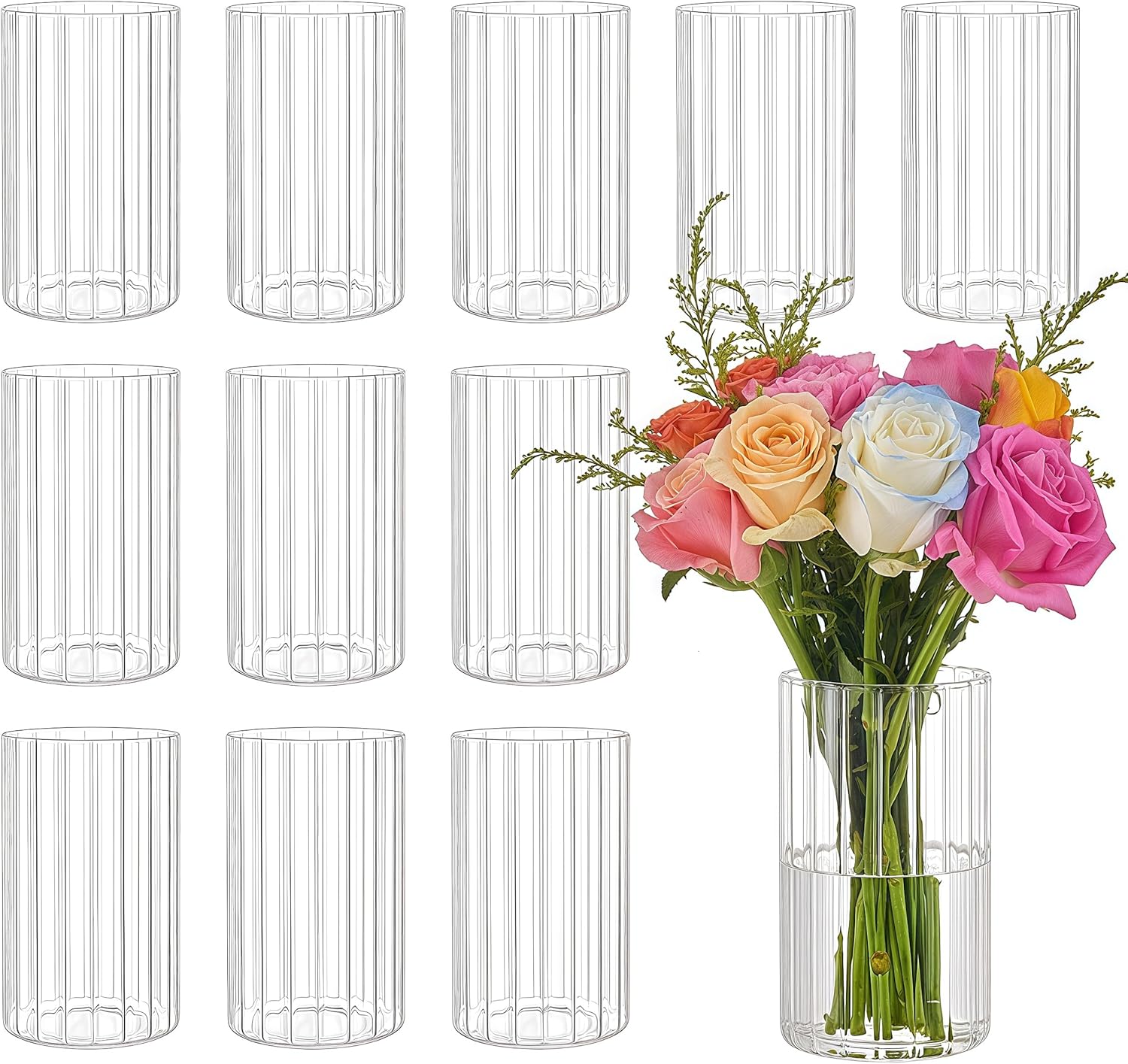 Ribbed Glass Vase Set of 12 Packs, Propagation Vases for Plants, 6 Inches Glass Cylinder Vases for Centerpieces, Hurricane Candle Holder for House Warming Decoration Party Ribbed Cylinder 6inch*3.14inch-12 packs