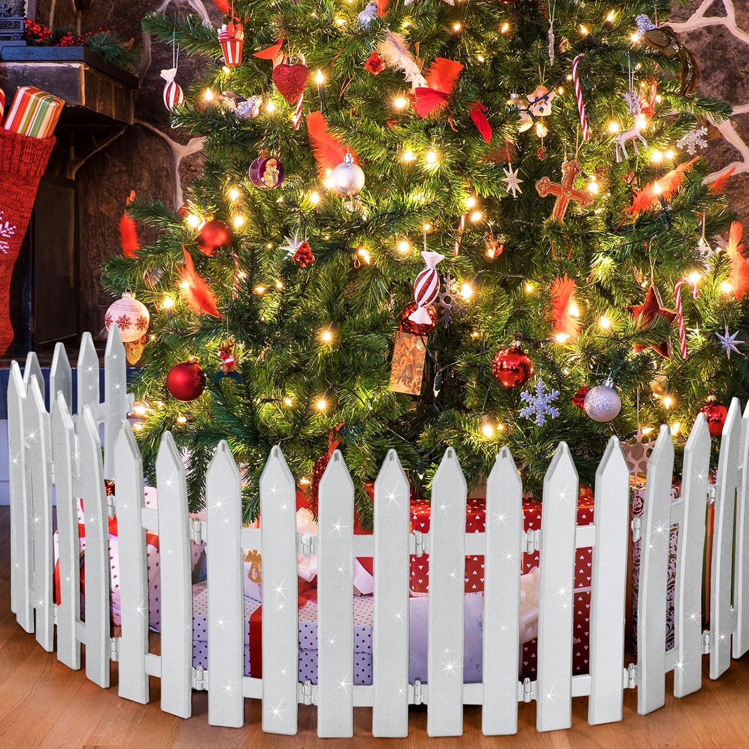 16 Pcs Thick Christmas Tree Fence Plastic Christmas Tree Gate Sliver Picket Fence Christmas Tree Protector from Cats Dogs Decorative Fence Barrier for Christmas Home Garden Decor 11.81 x 3.94 Inch
