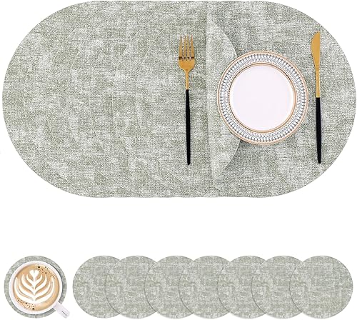 Miniatura 13 de Homaxy - Juego de 6 manteles individuales redondos de piel sintética y posavasos, lavables, de doble cara, manteles individuales de mesa, manteles