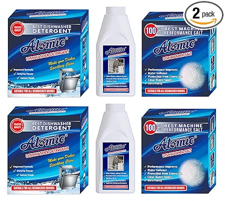 ATOMIC Dishwasher Starter [Combo Pack OF 2] - Dishwasher Detergent 2 X 900 GM + Salt 2 X 900 GM + Atomic Rinse Aid for Dishwasher Liquid - 2 X 400 ml | Indias # 1 Dishwashing Brand