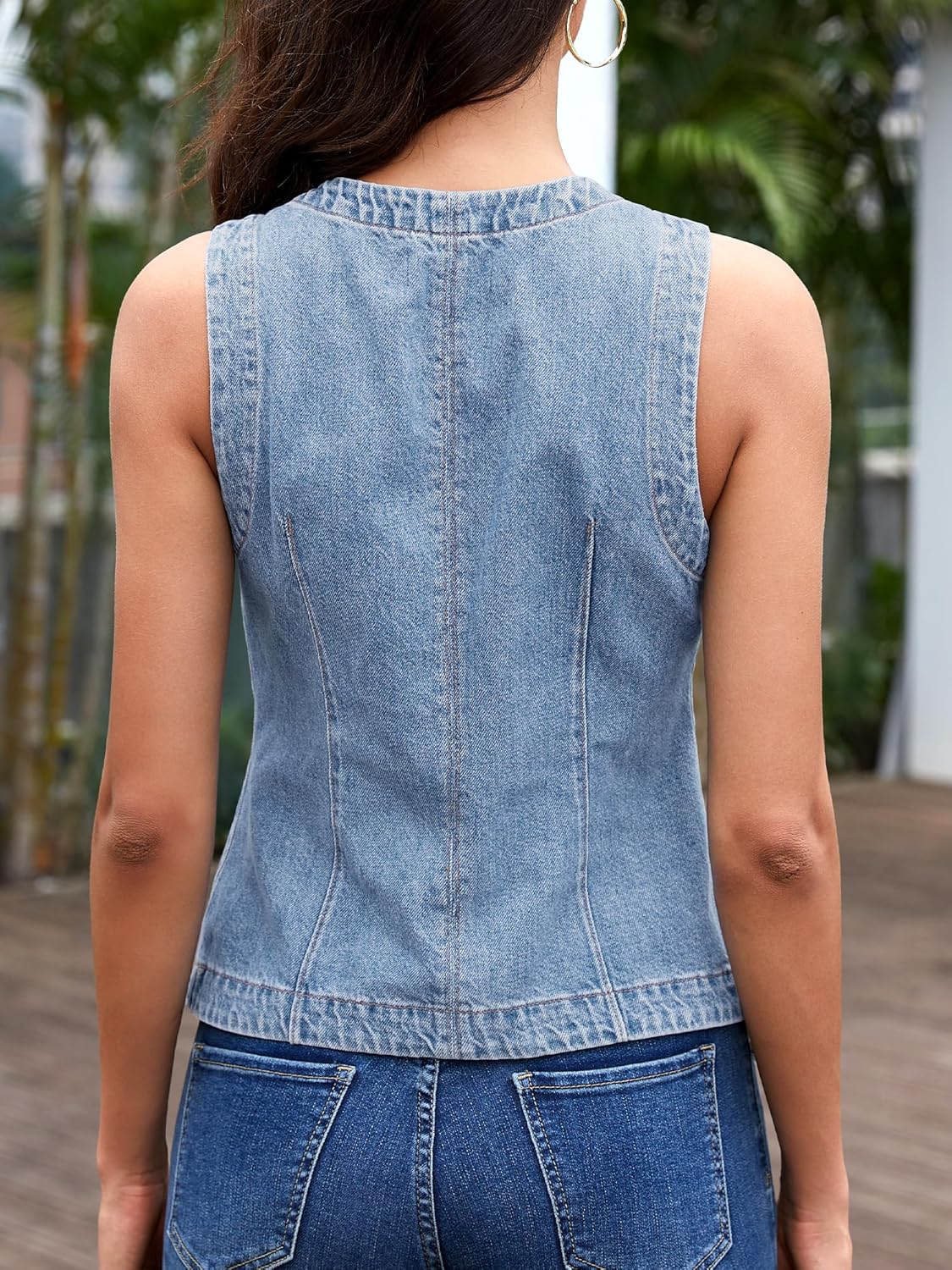 ELLEVEN Women’s Crew Neck Denim Vest Summer, Button Down Fitted Jean Vest Top for Women Casual Outerwear Waistcoat - Image 3