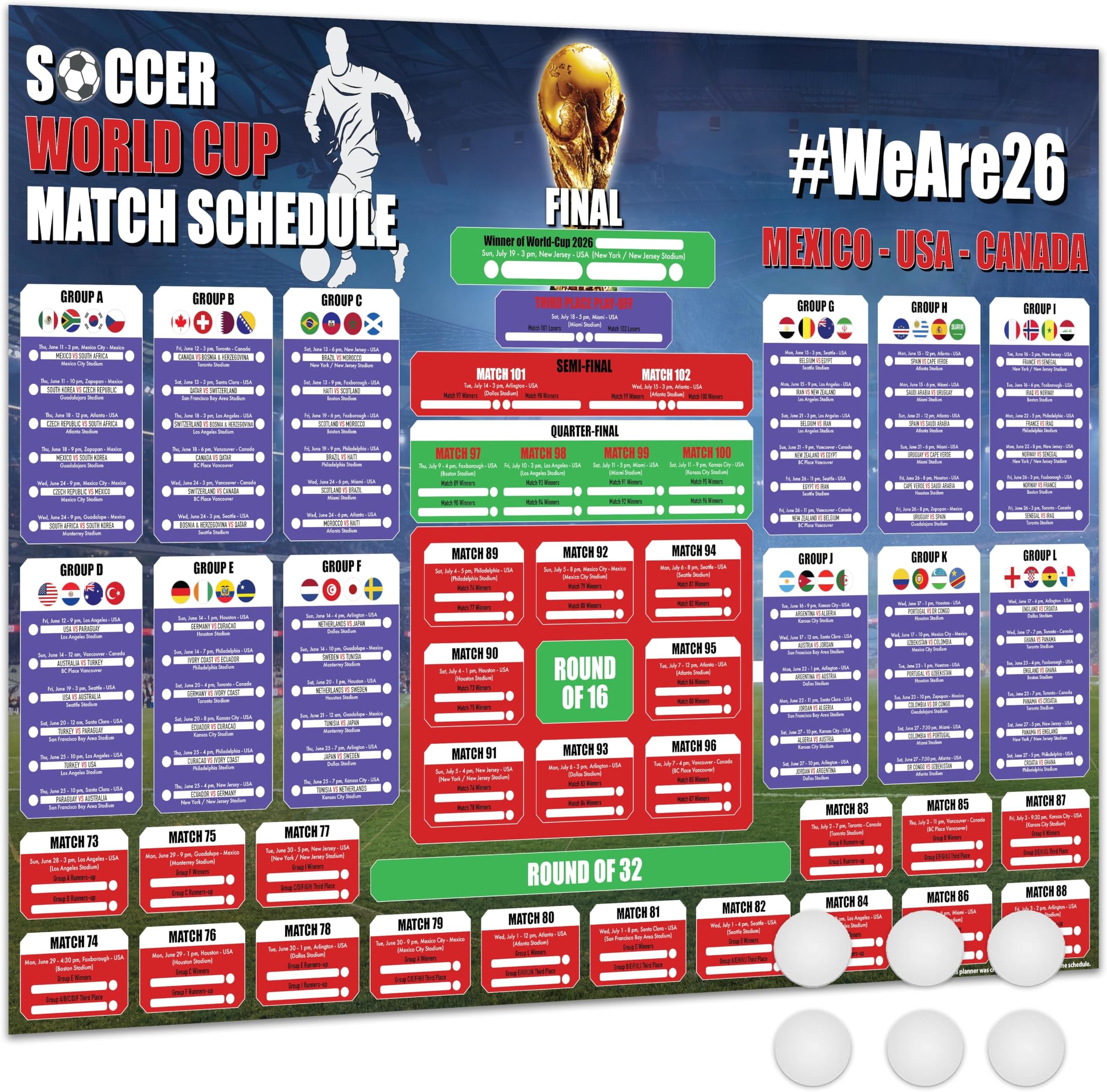 Giftinghouse Official Football World Cup 2026 Wall Chart Schedule – A1 Poster (84 x 59 cm) – 48 Team Fixtures, Dates, Stadiums & UK Time (BST) – 250gsm Uncoated Paper. (DESIGN B)