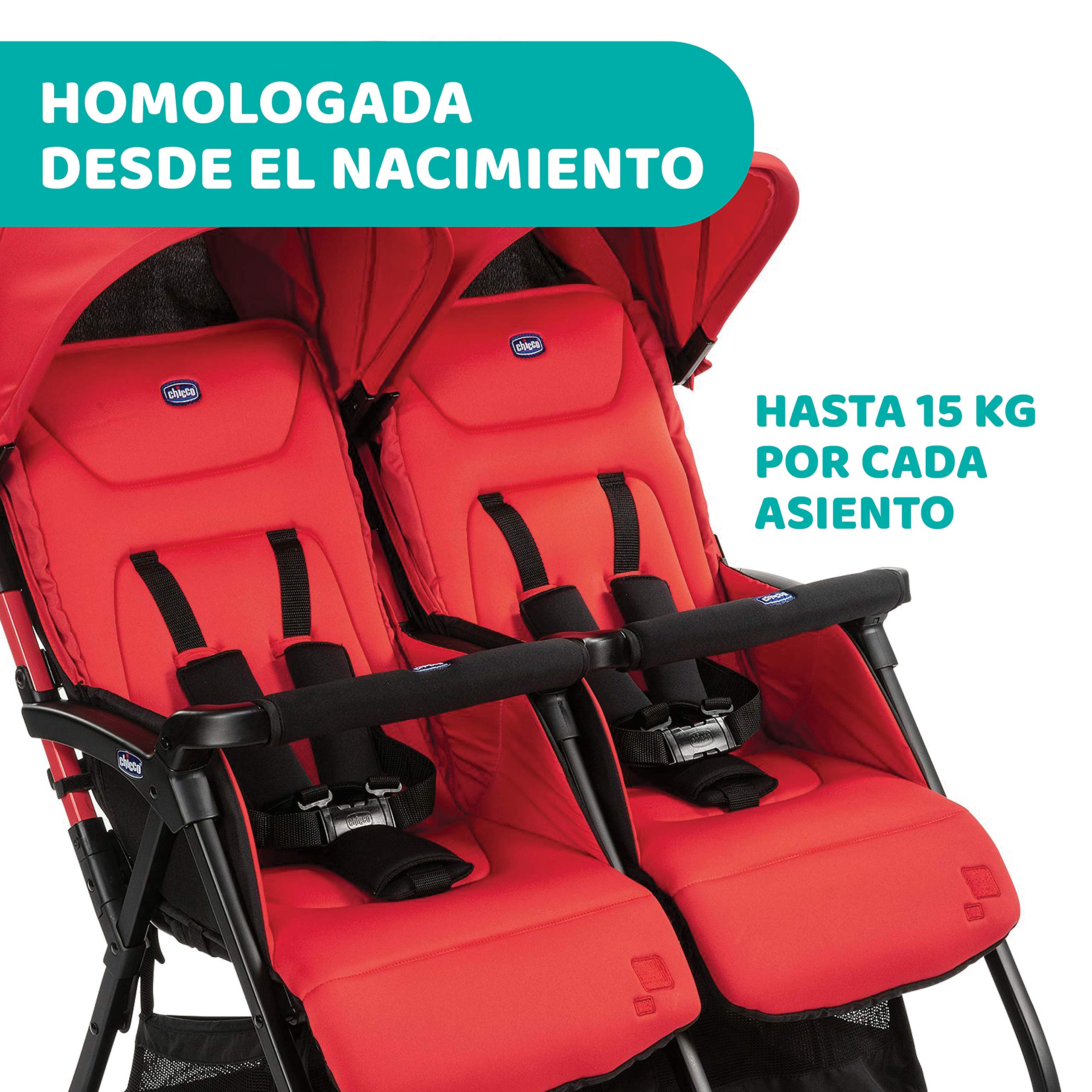 Chicco OHlalà Twin Silla de Paseo Gemelar desde 0 Meses hasta 15 kg para Gemelos y Hermanos, Cochecito Doble Reclinable y Plegable, Muy Ligero, Plegado Compacto, Cubierta para Lluvia - Color Rojo