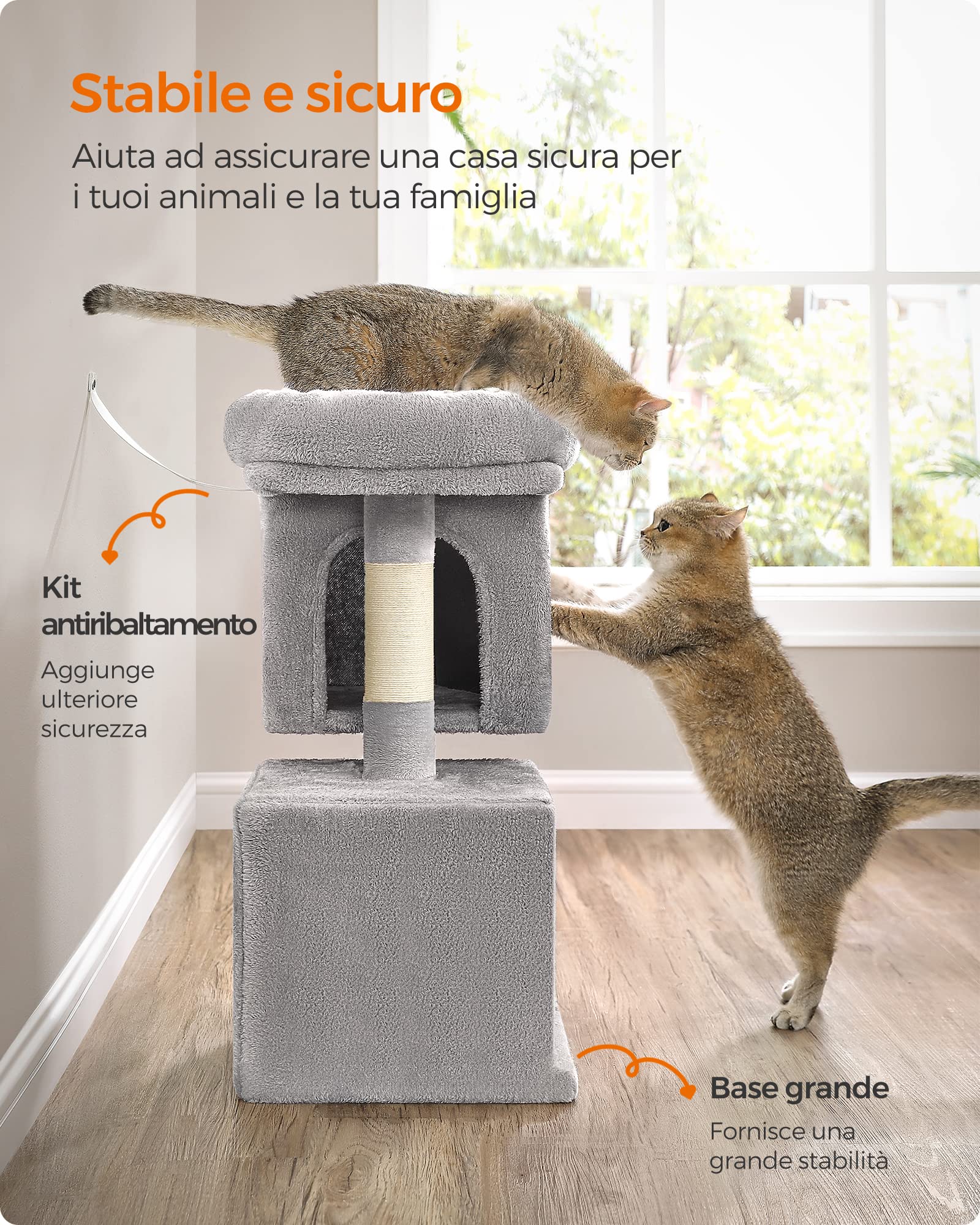 Feandrea Albero per Gatti, 67 cm, Tiragraffi, S, Condominio per Gattini Fino a 3 kg, Ampio Posatoio, 2 Grotte, Graffiatoio, Grigio Chiaro PCT611W01