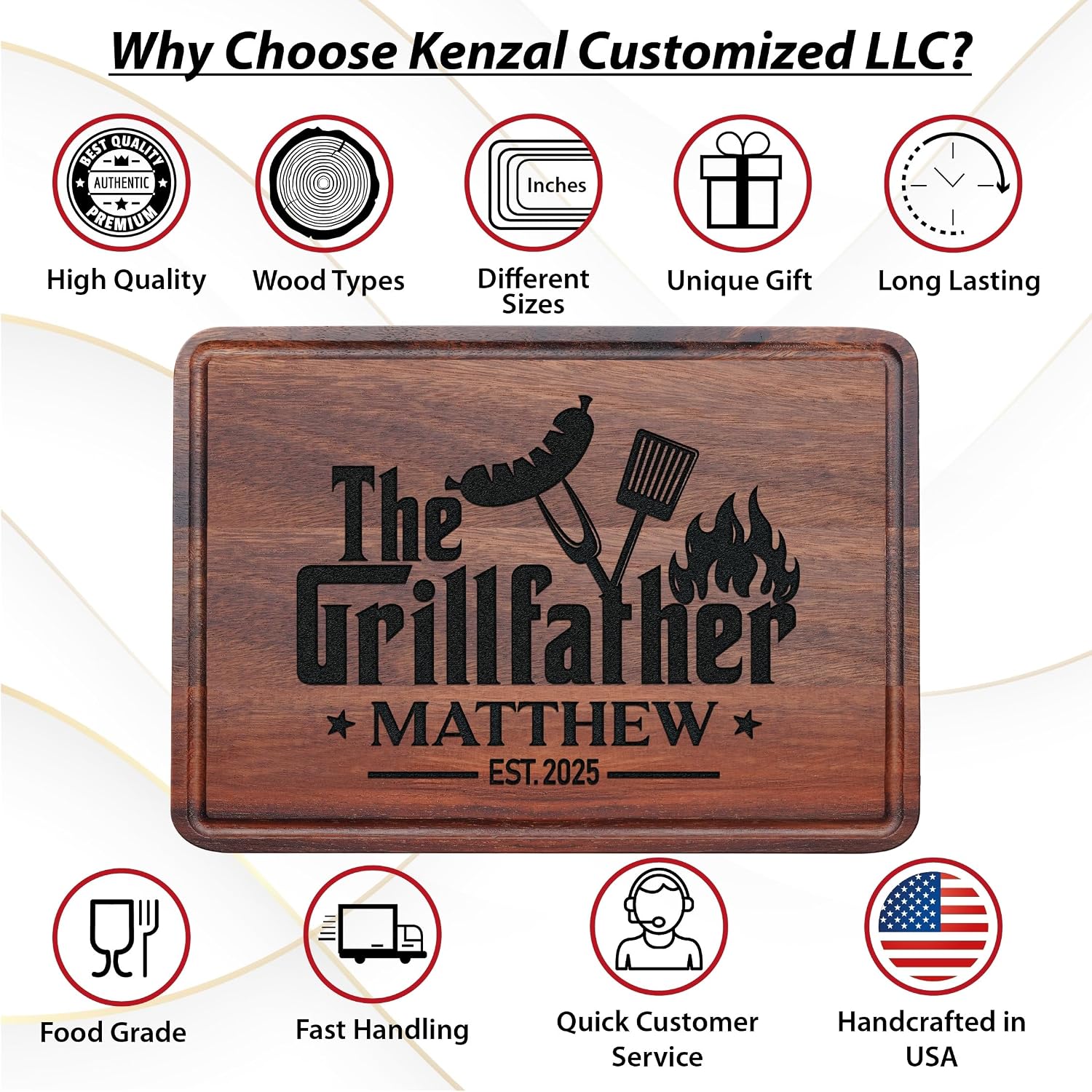 Personalized Grill Cutting Board, Men Father Day Gift Idea, BBQ Gift, Personalized Gift for Men, Dad, Grandpa, Custom Engraved Cutting Board, Father's or Grandpa's Birthday Gift, Grillfather Board