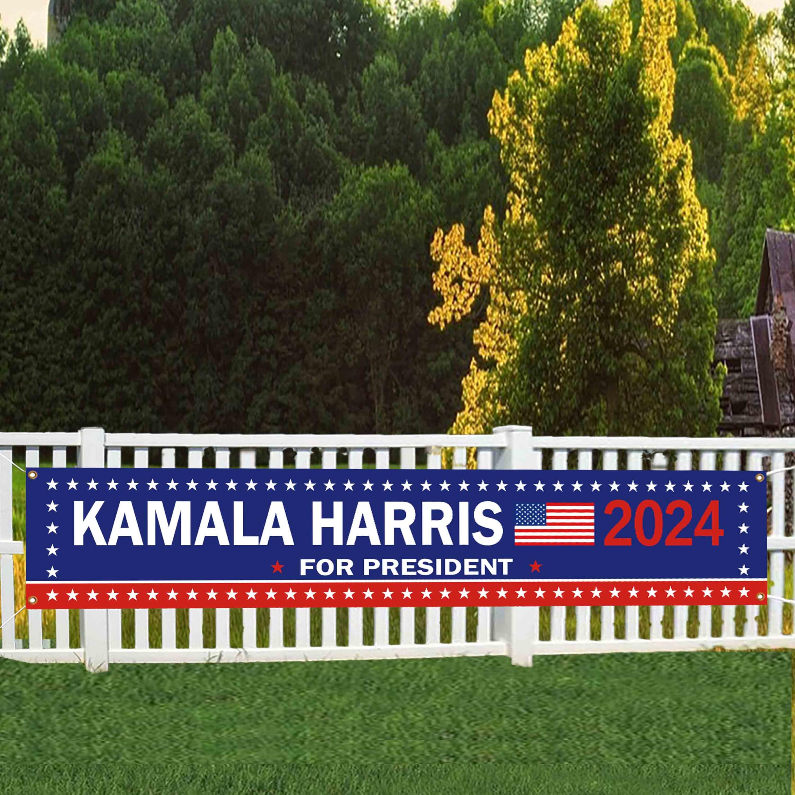 Amazon.com: Kamala Harris 2024 年大橫幅- 藍色卡馬拉哈里斯人民旗幟橫幅- 花園標誌- 室內/室外懸掛裝飾- 8.2 x  1.6 英尺: 露臺、草皮與花園