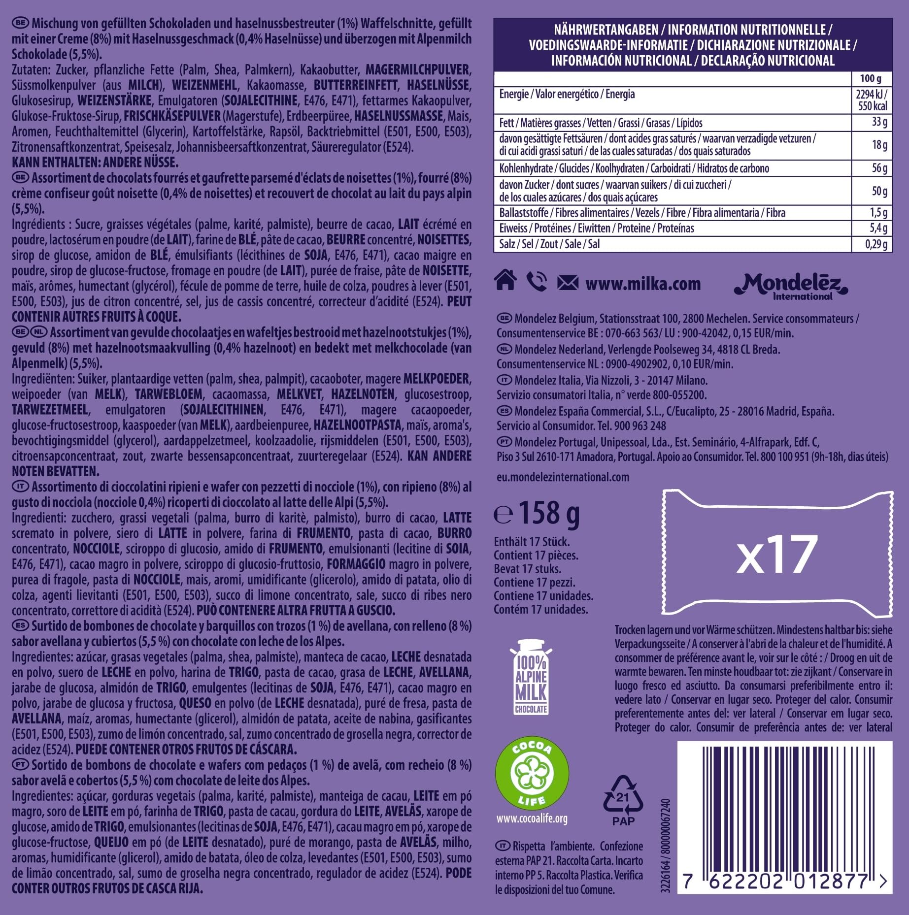Milka Favourites, Surtido de Bombones Envueltos Individualmente, Caja de Mini Chocolatinas- 141 g