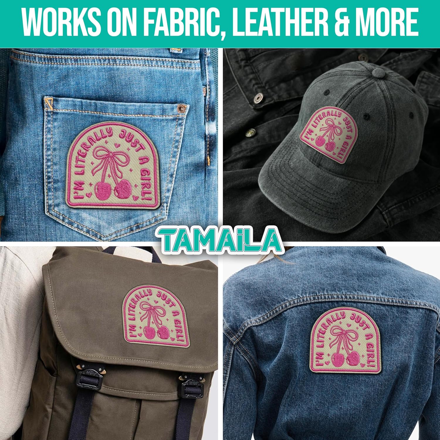 I'm Literally Just A Girl Patch 3 Inches Cherry Bow Cute Girly Embroidery Hook and Loop Fabric Applique Patches for Trucker Hats Clothes Backpack, Jackets DIY Accessories Friends Mom Gifts image 3