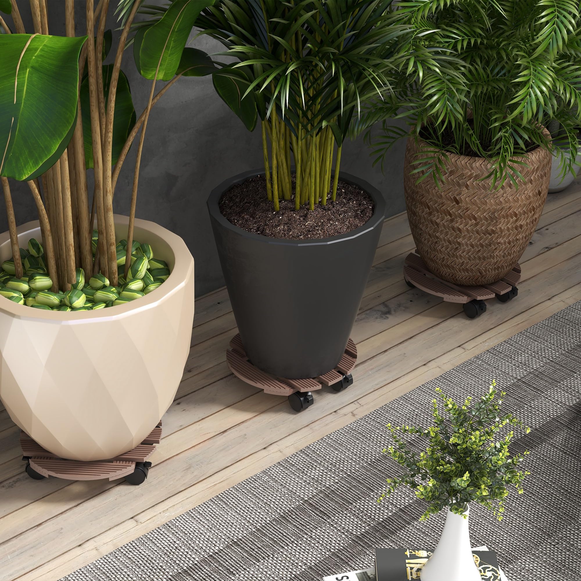 Outsunny Lot de 4 Supports Ronds pour Plantes, Porte Plante à roulettes | Support pour Pot de Fleurs, pour Intérieur et Extérieur