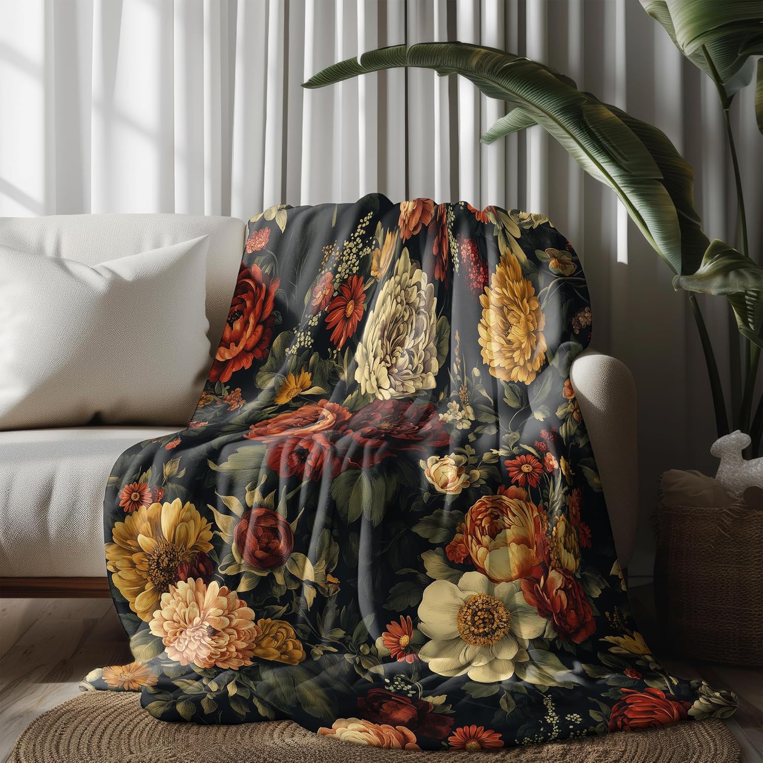 Black Floral Throw Blanket, Vintage Dark Flower Blanket for Bed Sofa Travel and Camping Flannel Blanket Gift, Super Soft Cozy Fluffy Plush Blanket for All Seasons, 50" x 60" - Image 4