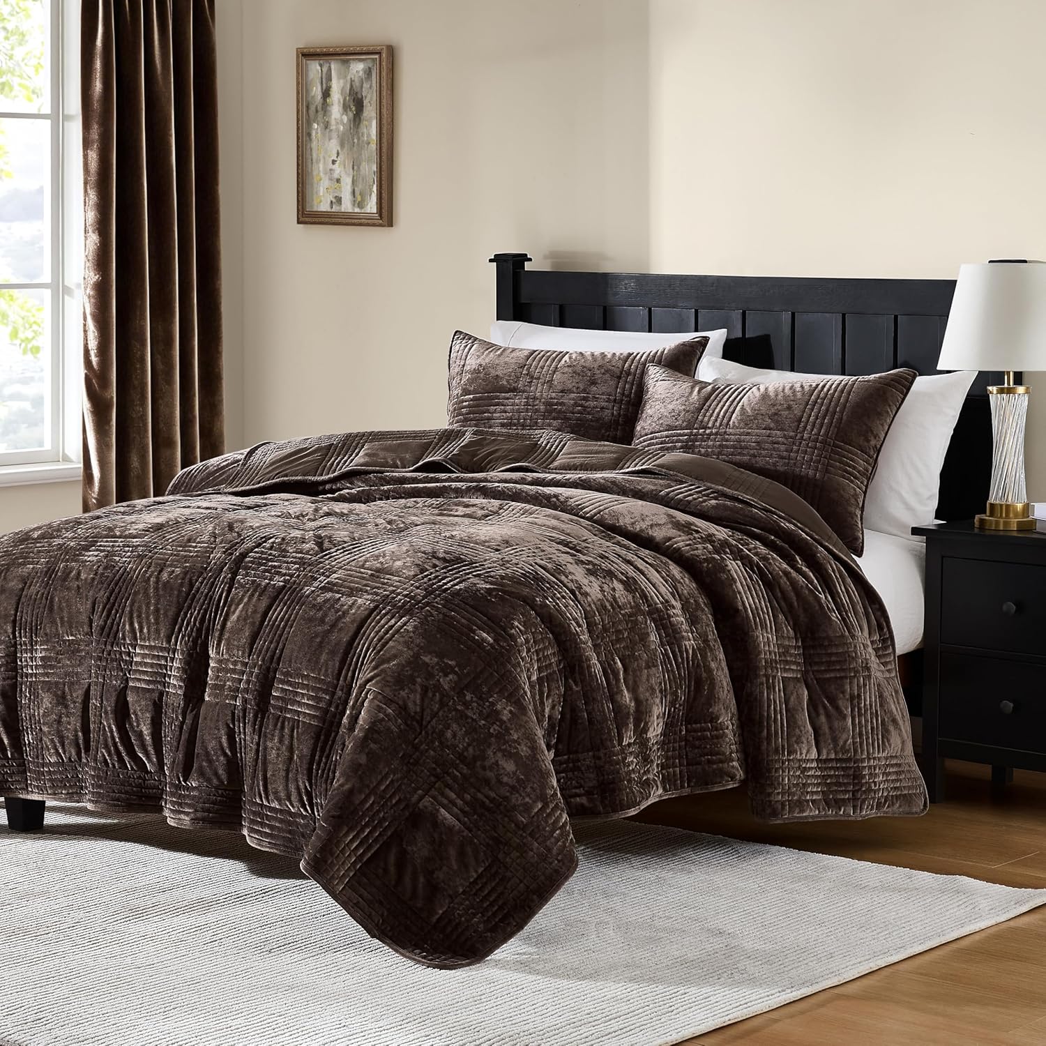 WDCOZY Velvet Queen Size Quilt Set Brown Lightweight Luxurious Soft Bedspread Mocha Striped Grid Patchwork Plaid Modern Farmhouse Country Rustic Coverlet Chocolate Warm Thin Comforter, 3 Pieces