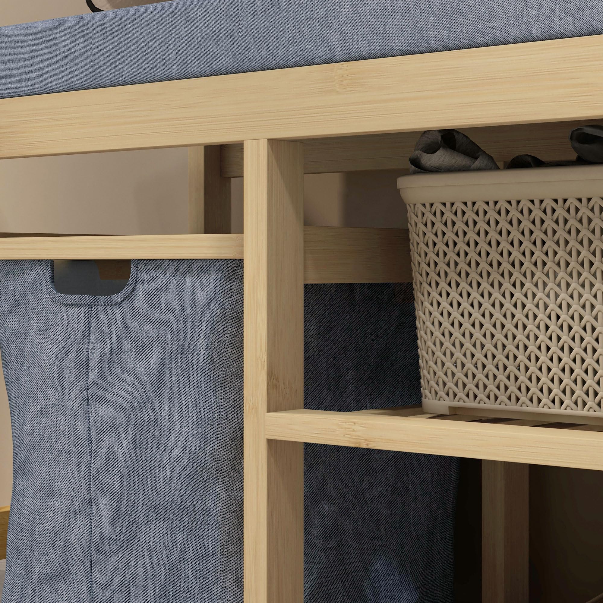 HOMCOM Banco Zapatero de Bambú con Asiento 4 Pares 69x30x45 cm Natural | Mueble Zapatero, Cesta Extraíble, Estantes Abiertos, Bancos Pequeños para Recibidores