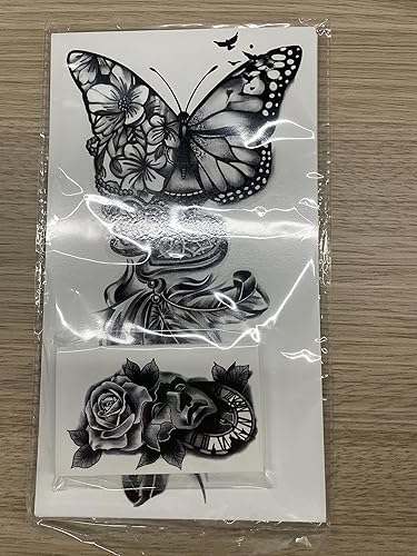 Miniatura 7 de Metuu 49 hojas negras de medio brazo floral impermeable tatuaje temporal para hombres y mujeres flores 3D peonía rosa mariposa tigre serpiente