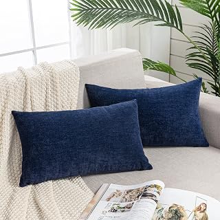 GAWAMAY Chenille Lumbar Support Pillow Covers 12x20 Inch Set of 2 Navy Blue - Soft Decorative Rectangle Throw Pillowcases for Sofa Couch Bedroom (Covers Only)