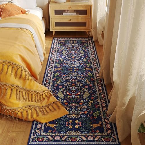Vista 4 de Rugcomf Alfombra de pasillo lavable para cocina 2'6''x8' Alfombra de pasillo para entrada interior floral antideslizante alfombra suave para Azul