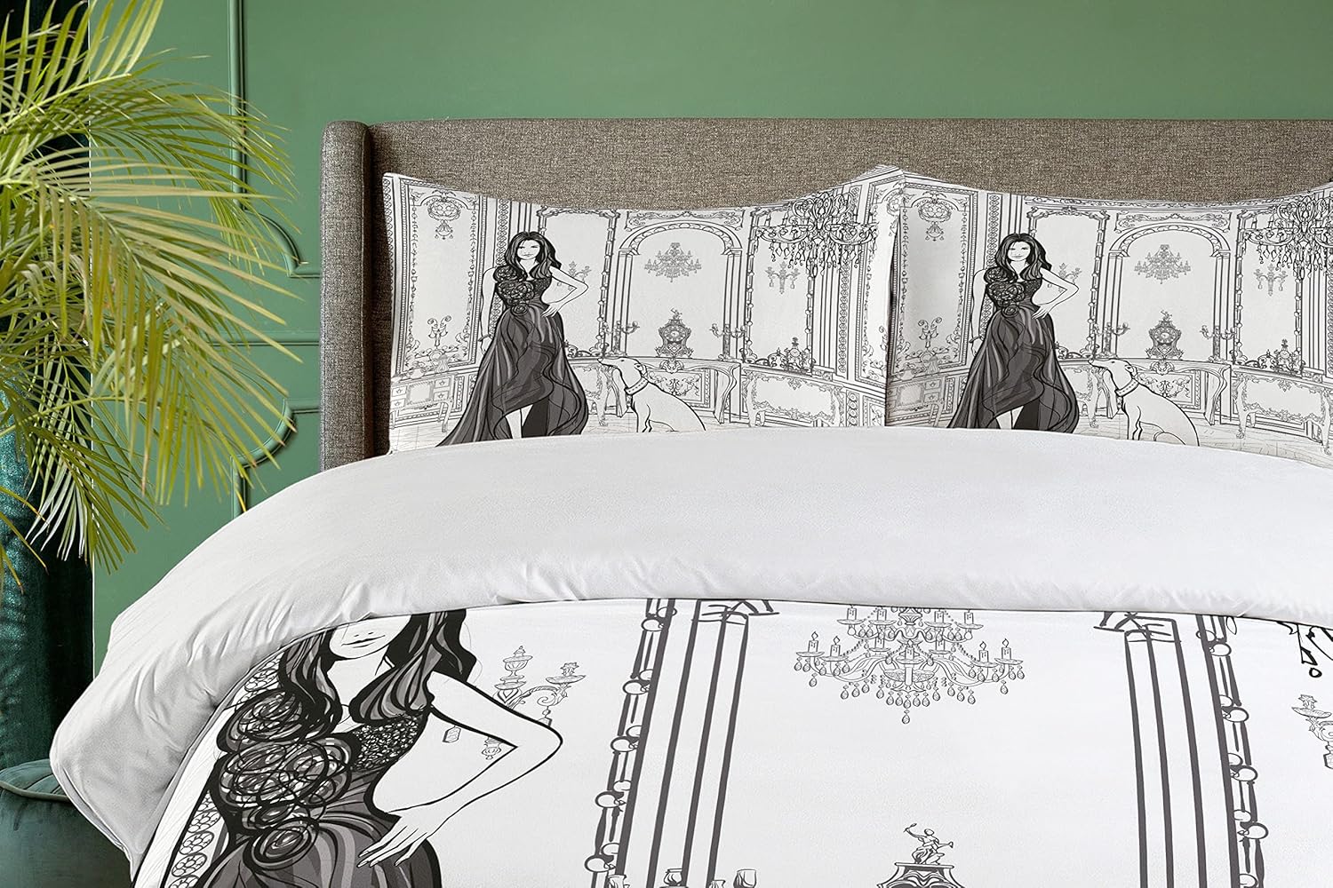 Ambesonne Teen Room Duvet Cover Set, Fashion Woman in Victorian Palace with Dog Baroque Illustration Print, Decorative 3 Piece Bedding Set with 2 Pillow Shams, Queen Size, Grey White