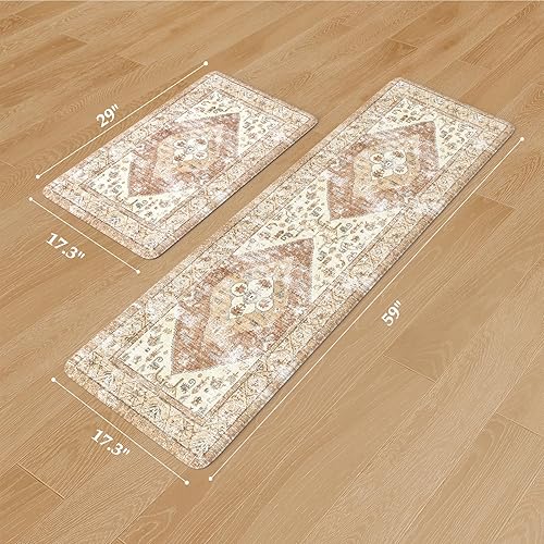 Vista 3 de KIMODE - Juego de 2 tapetes de cocina bohemios, antifatiga, antideslizantes, impermeables, ergonómicos, acolchados, cómodos, para lavandería, Caqui