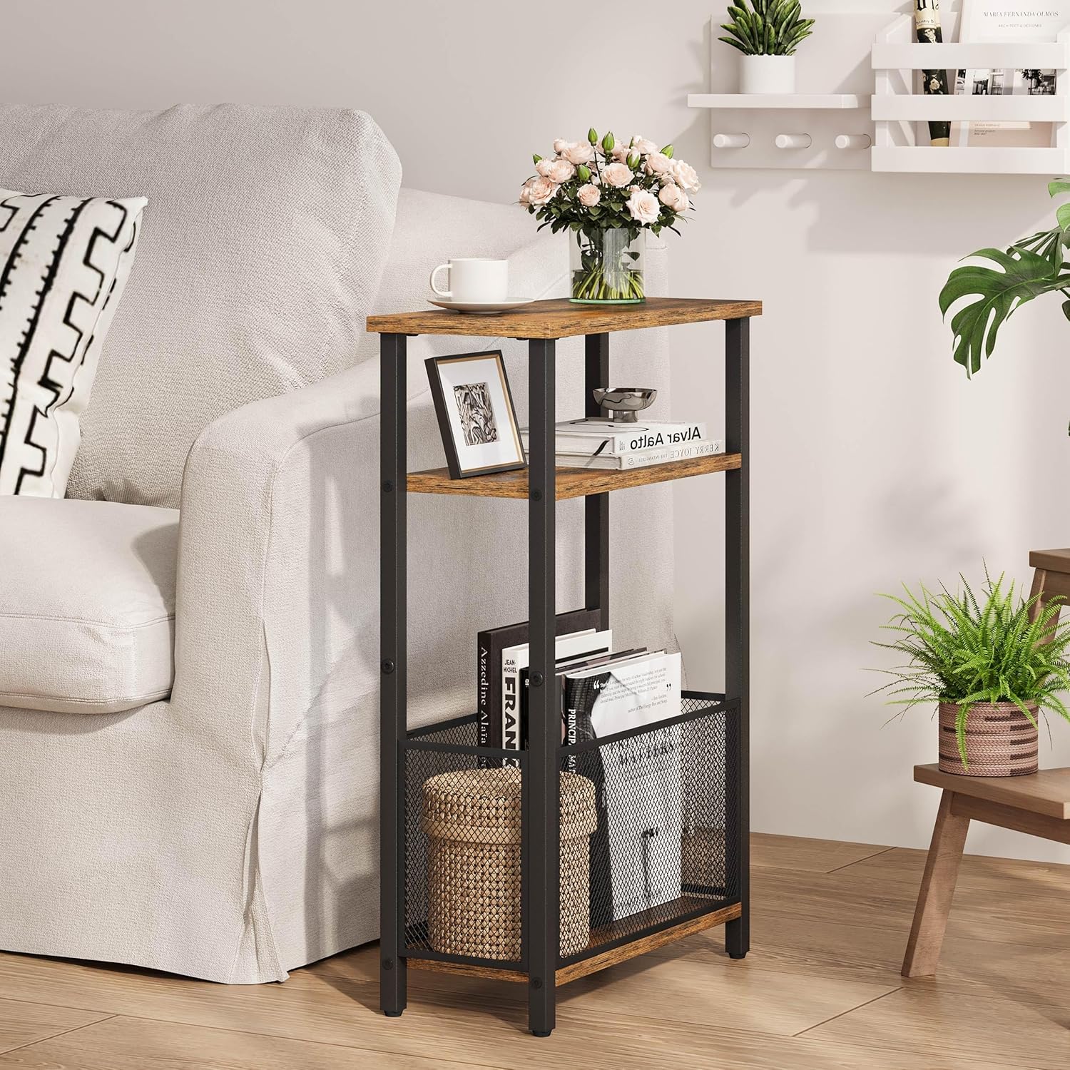 MMEOLUOOK Narrow Side Table with Storage Basket Skinny End Tables for Smalls Spaces 3 Tier Sofa Table Small Nightstand Slim Bedside Table for Living Room Bedroom Rustic Brown MLBZ22RB