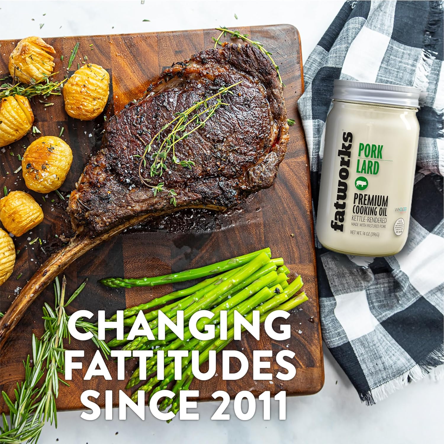 Fatworks Premium Pasture Raised Lard. The Original Non-Hydrogenated Pasture-Raised Lard crafted for Traditional, Keto, and Paleo Chefs. Artisanally Rendered, WHOLE30 APPROVED, Glass Jar, 14oz.