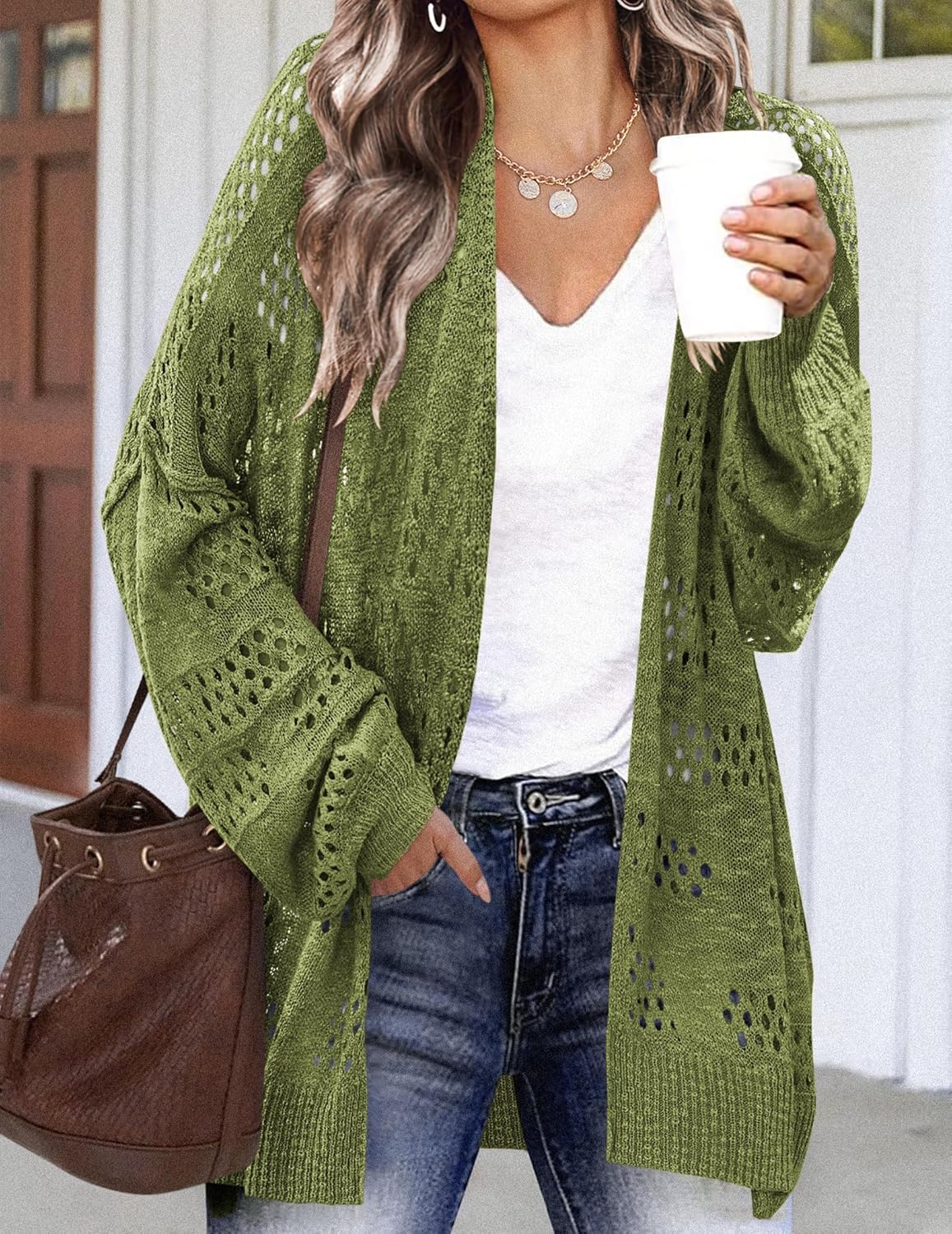 HOTOUCH Lightweight Crochet Cardigan for Women Long Sleeve Open Front Knit Oversized Cardigans Sweaters - Image 2