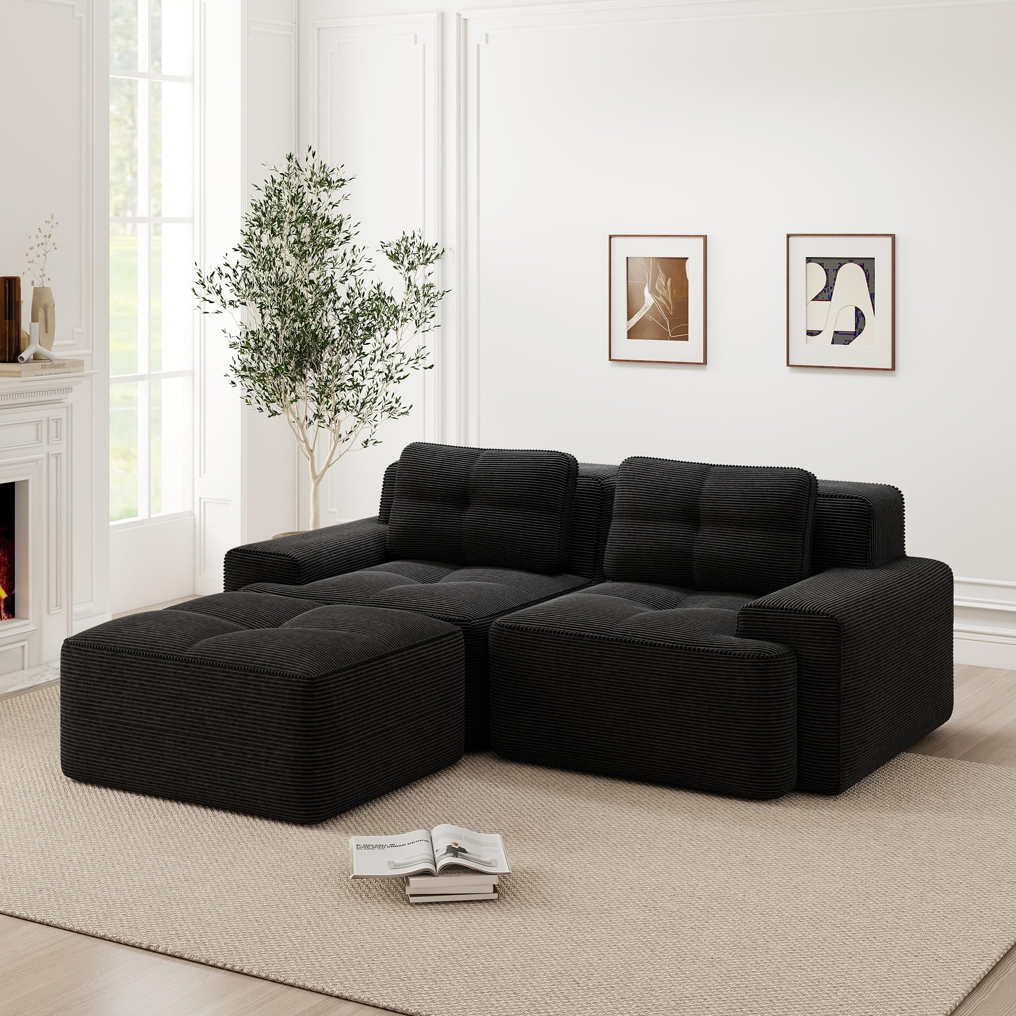 Divano modulare nero Boneless, moderno divano modulare a L per soggiorno, comodo divano in corduroy cloud con ottomano, divano letto a due posti trapuntato