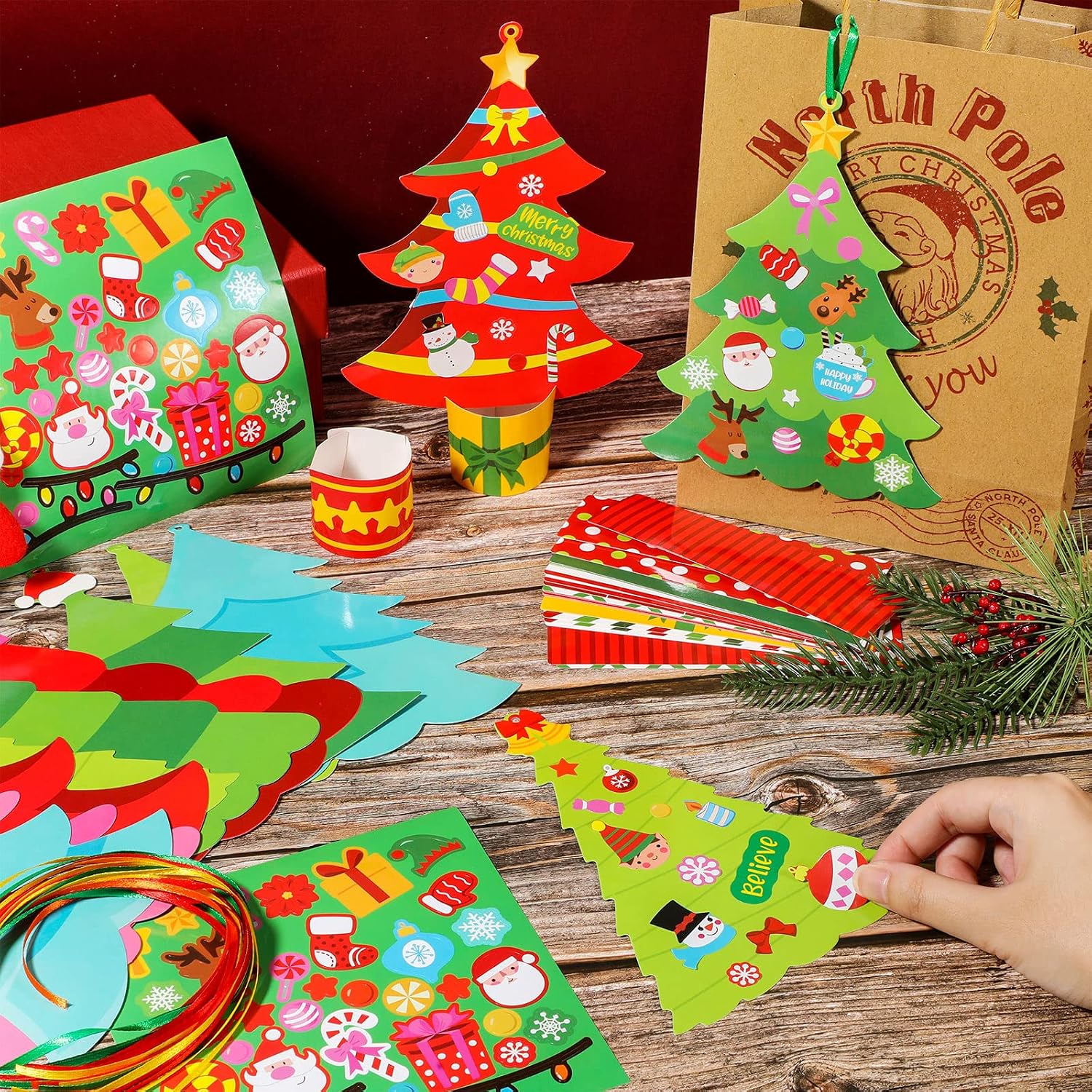 Funrous 24 Pcs DIY Christmas Tree Paper Craft Kit Hanging Ornaments DIY Christmas Crafts Card Making Kit for Kids Holiday Favor Decorative Sticker Xmas Party Supplies image 4