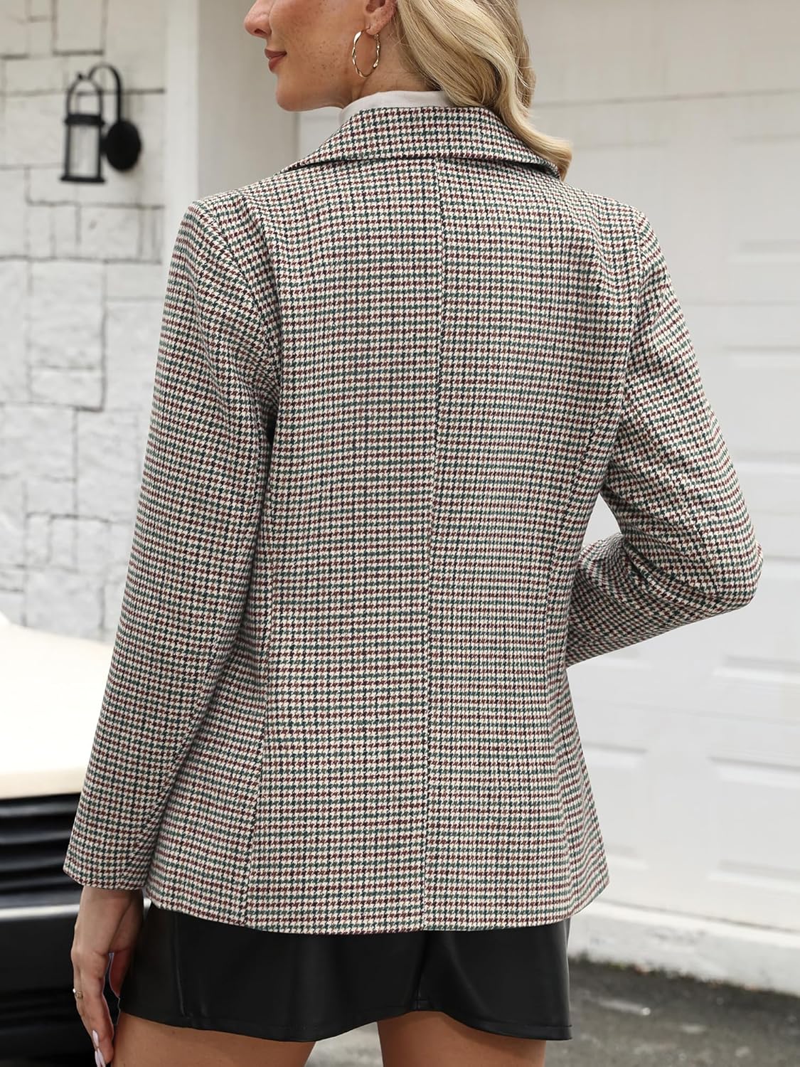 ELLEVEN Women's Plaid Blazers with Embroidered Collar, Houndstooth Business Casual Work Office Jacket with Pockets - Image 2