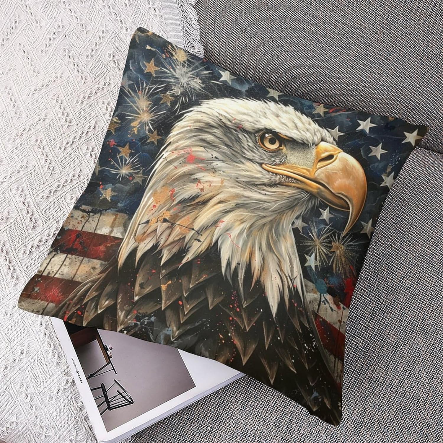 Bald Eagle American Flag Throw Pillow Covers for Living Room Bedroom, Animal USA Bird Retro Pillowcases Outdoor Cushion Case for Couch Sofa Bed, 20x20 inch