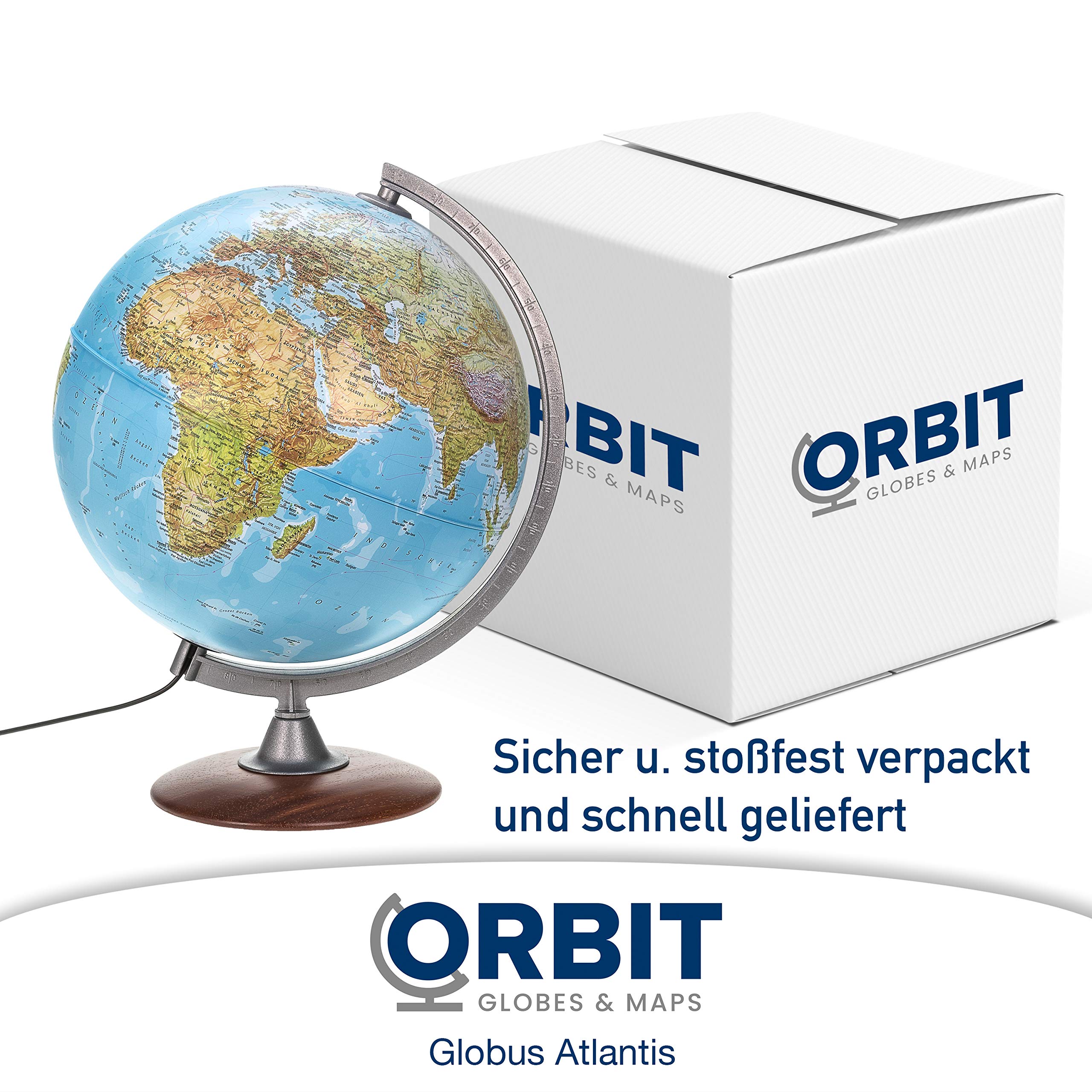 ORBIT Globes & Maps - Leuchtglobus - 30cm Globus mit Holzfuß, Kartenbild 2026 physikalisch/politisch mit LED Leuchte, aktuelles deutsches Kartenbild