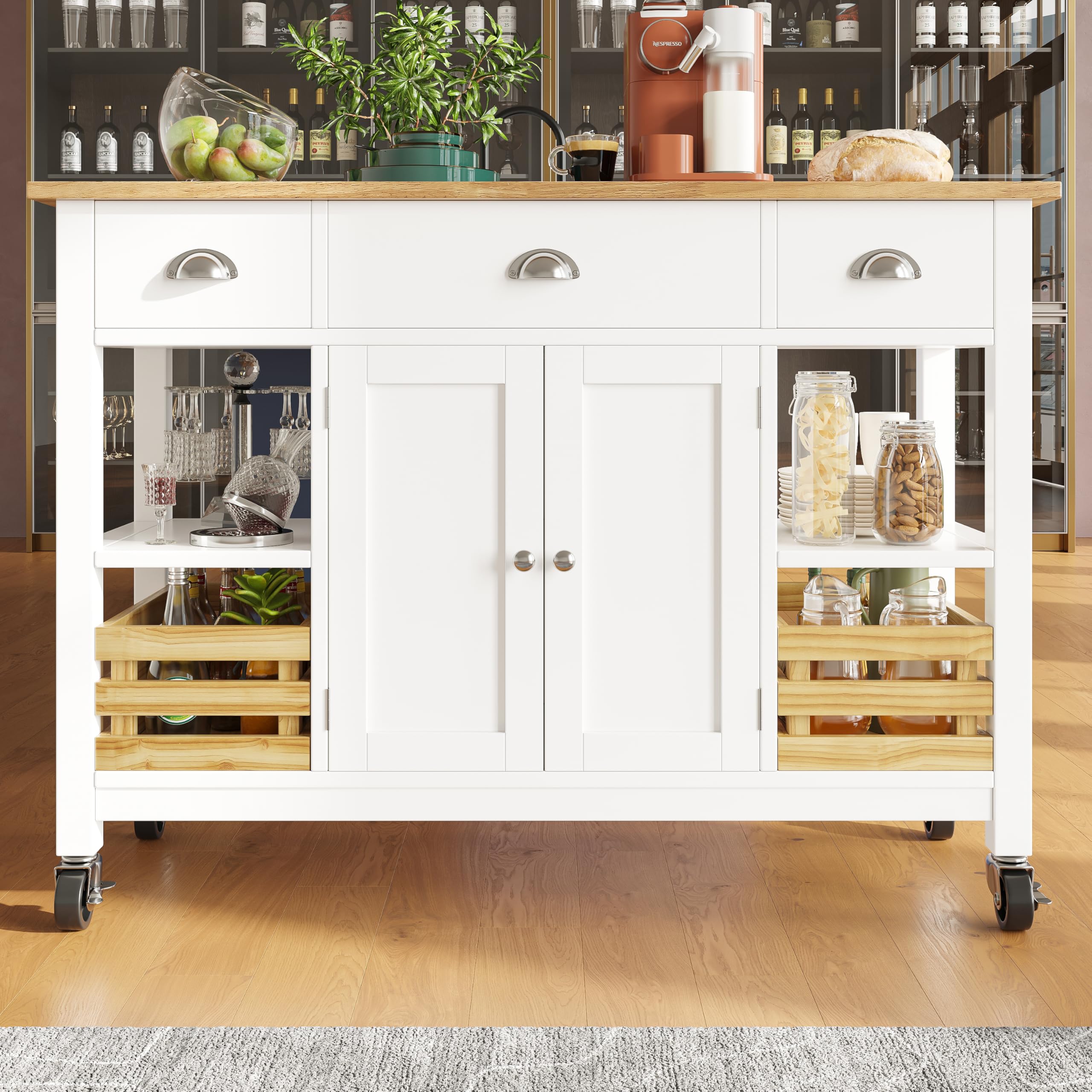 Isola Cucina Multifunzione 110x76x90.5 Cm - Tavolo Allungabile Con Rotelle, Piano In Granito Nero E Spazio Archiviazione - Foto 10