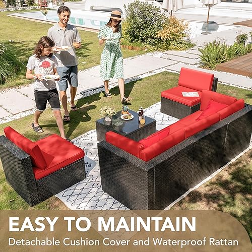 Miniatura 9 de Devoko Juego de muebles de patio 6 piezas sofá seccional de ratán para exteriores tejido manual juego de conversación de mimbre para patio con mesa