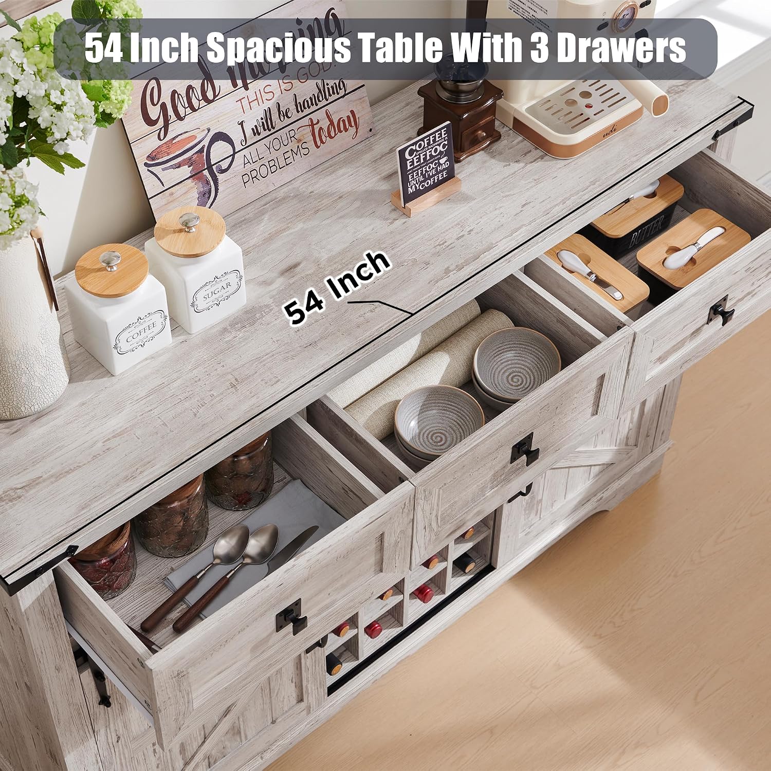View of the 54-inch spacious tabletop with three open drawers, showcasing internal storage capacity.