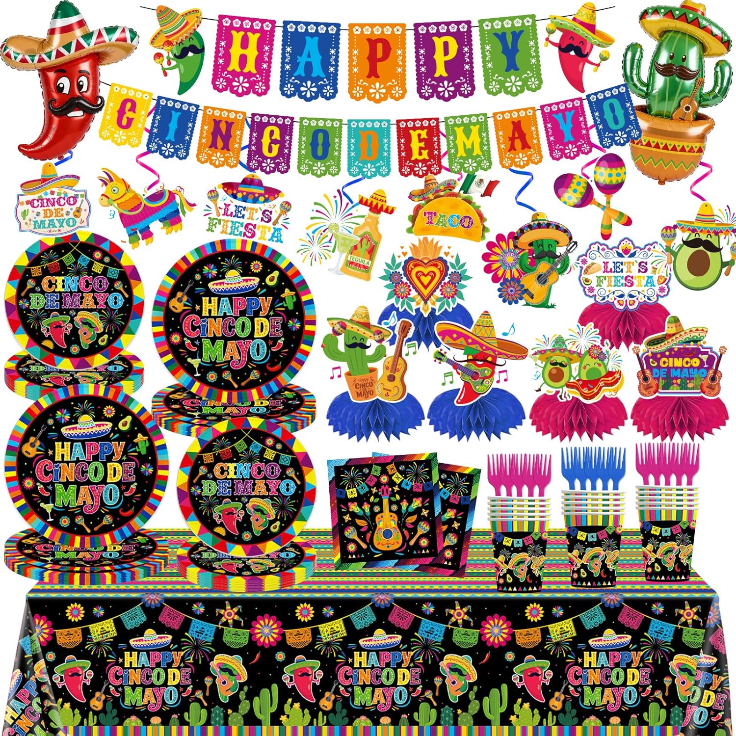 Cinco de Mayo Party Decorations, 118Pcs Mexican Fiesta Party Decorations Set with Banner, Hanging Swirls, Honeycomb Centerpieces, Foil Balloons, Plates, Napkins, Cups, Forks, Tablecloths Serve 20