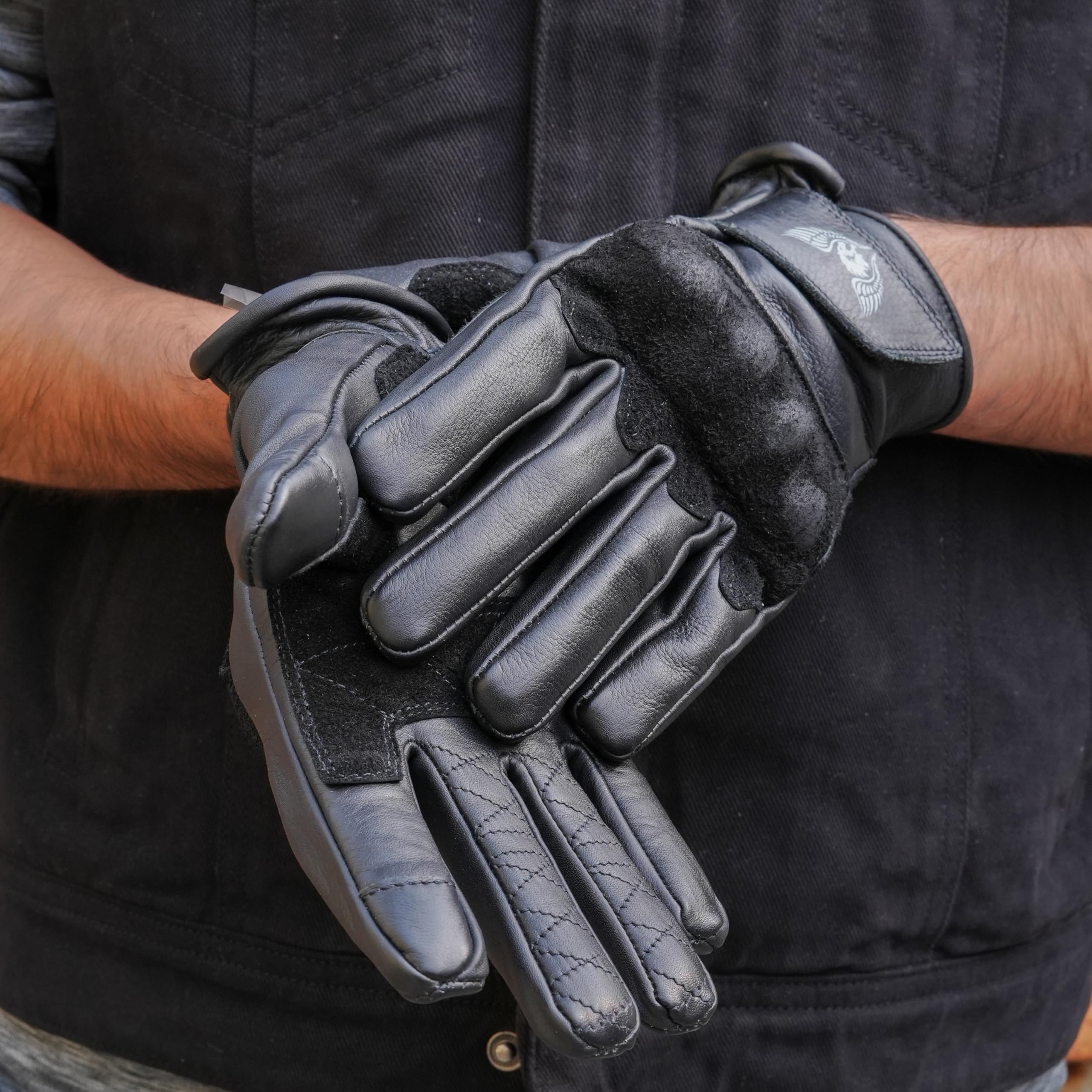 Leatherick Guanti da moto in pelle bovina da uomo - Guanti da moto resistenti, compatibili con touch screen con nocche in pelle scamosciata protettiva certificate CE