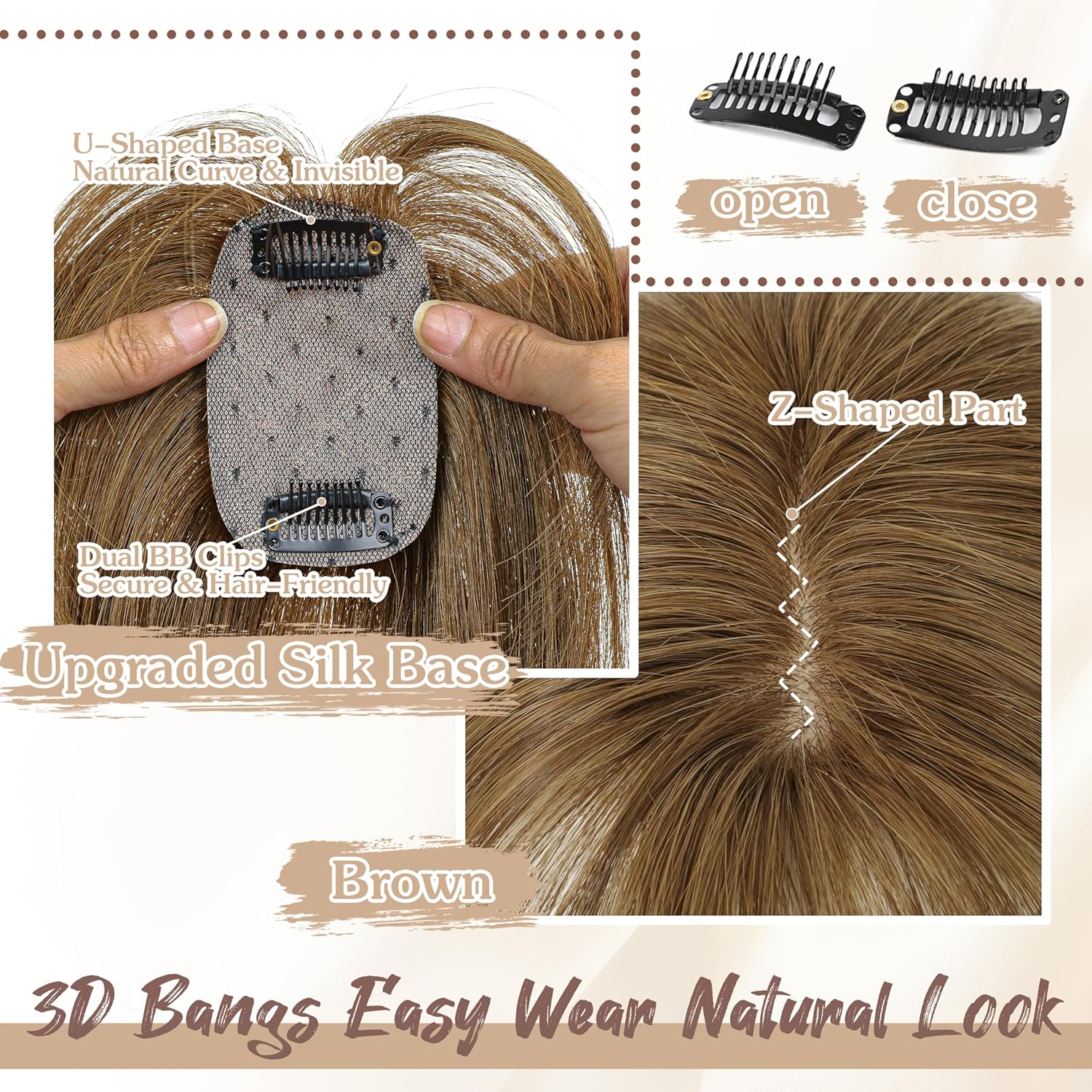 Hair Toppers for Women Real Human Hair - 360° Coverage Browns Clip In Topper with Bangs for Thinning Hair Upgraded 5×9 cm Silk Base Ideal for Everyday Use