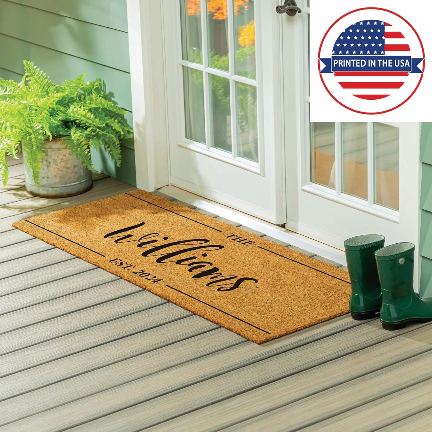 Evergreen Flag Personalized Coir Door Mat | Custom Text Doormat | Front Door Welcome Mats with Rubber Back | Personalized Housewarming Gifts (EST, 60"x24")