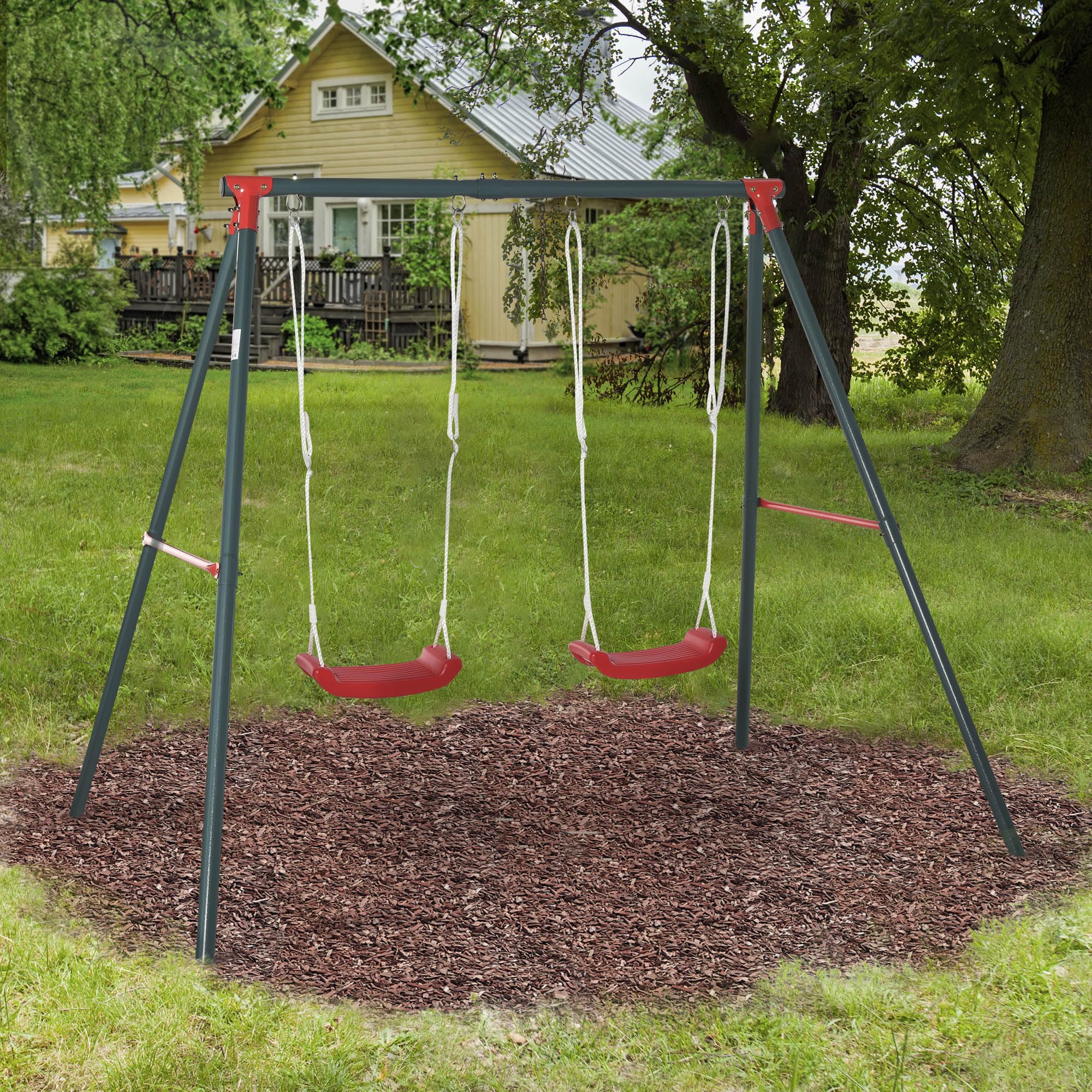 Outsunny Columpio Doble para Niños +3 Años con Soporte de Metal Juego de Columpio Infantil Cuerda Ajustable Exteriores Carga Máx. 40kg 239x156x180 cm Verde Rojo