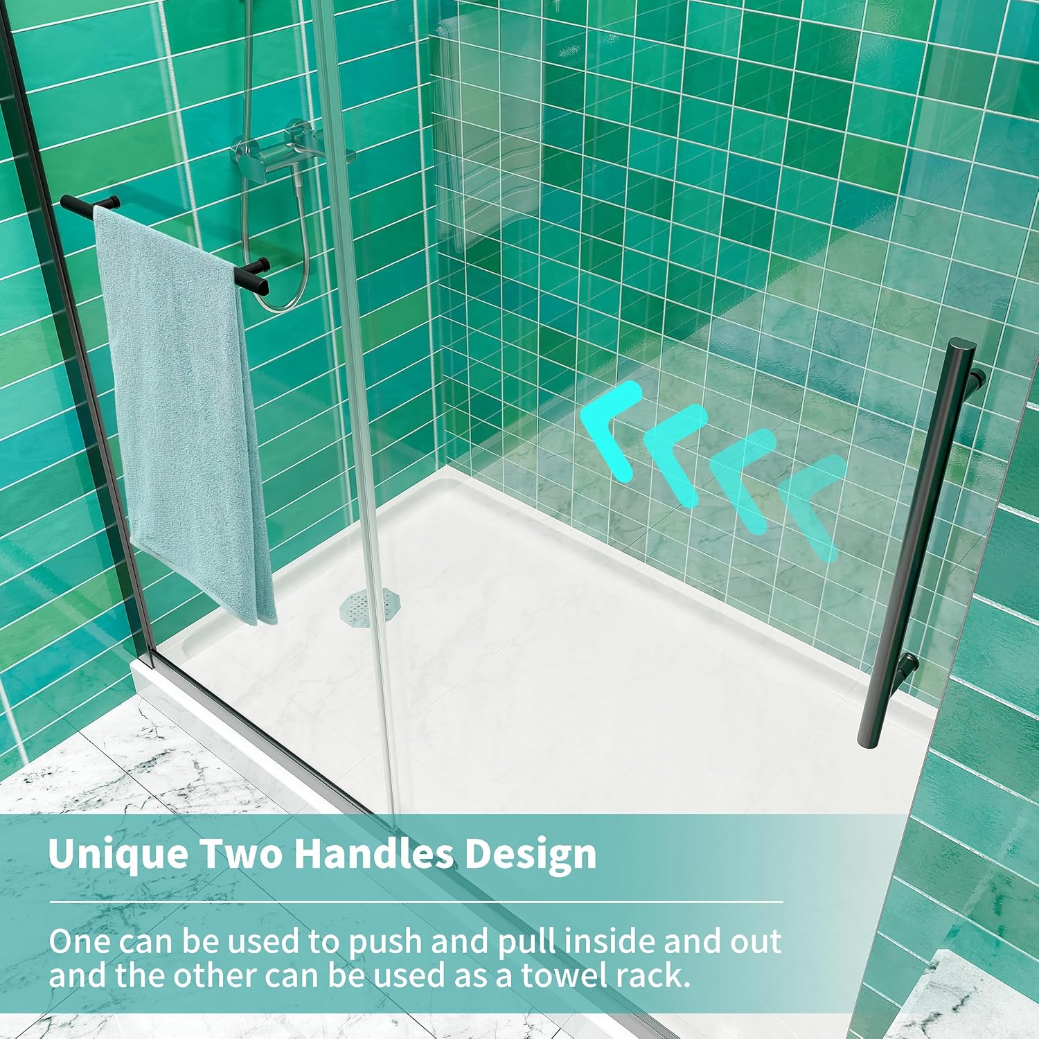 Diagram showing shower door dimensions: 48 inch model width, 72 inch model height, 20 inch fixed glass, 25-9/16 inch door glass, 20-3/8 inch access width, 16-9/16 inch towel rail length, 16-9/16 inch handle length.